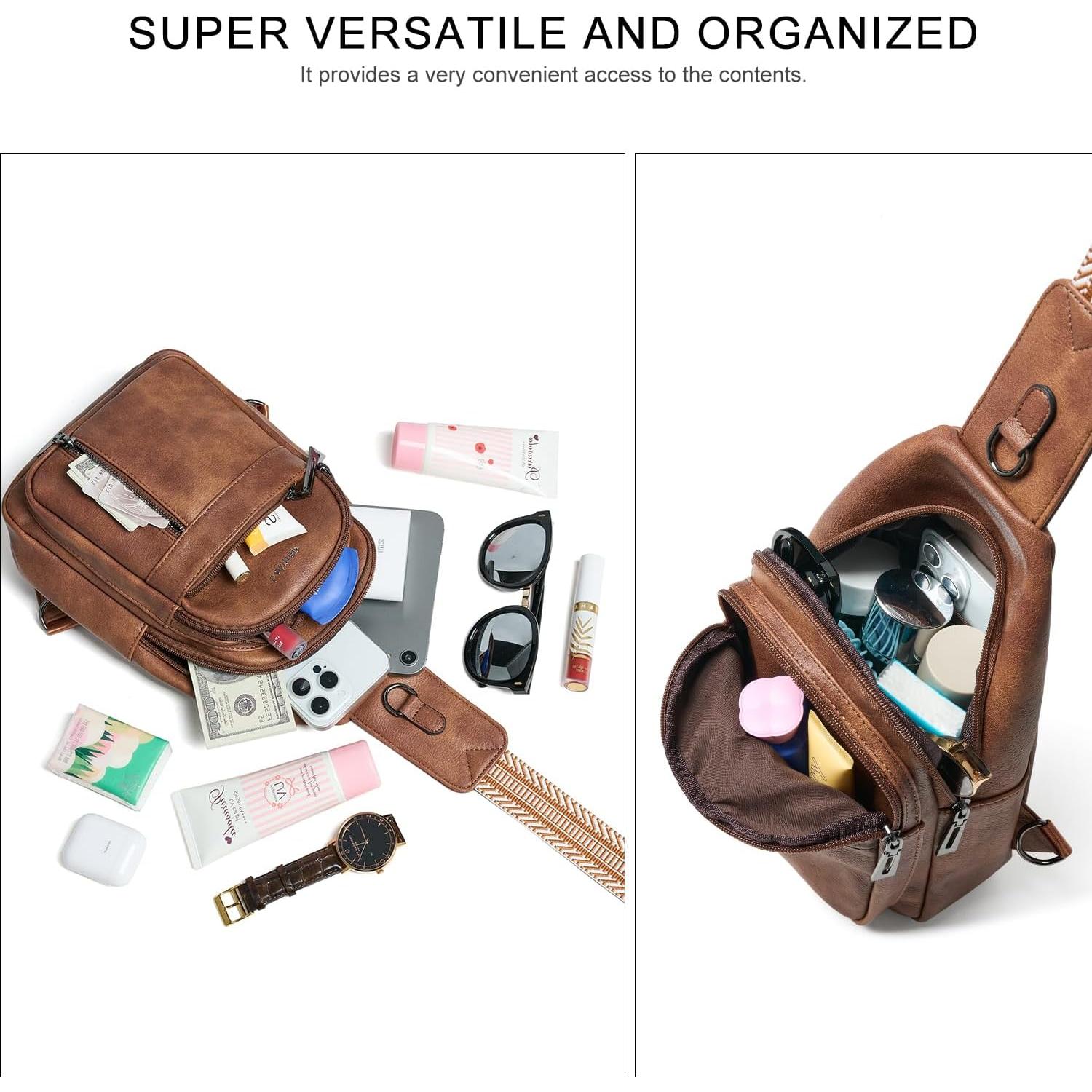 Bolsa Sling 7L PU Cuero Marrón para Mujeres y Hombres