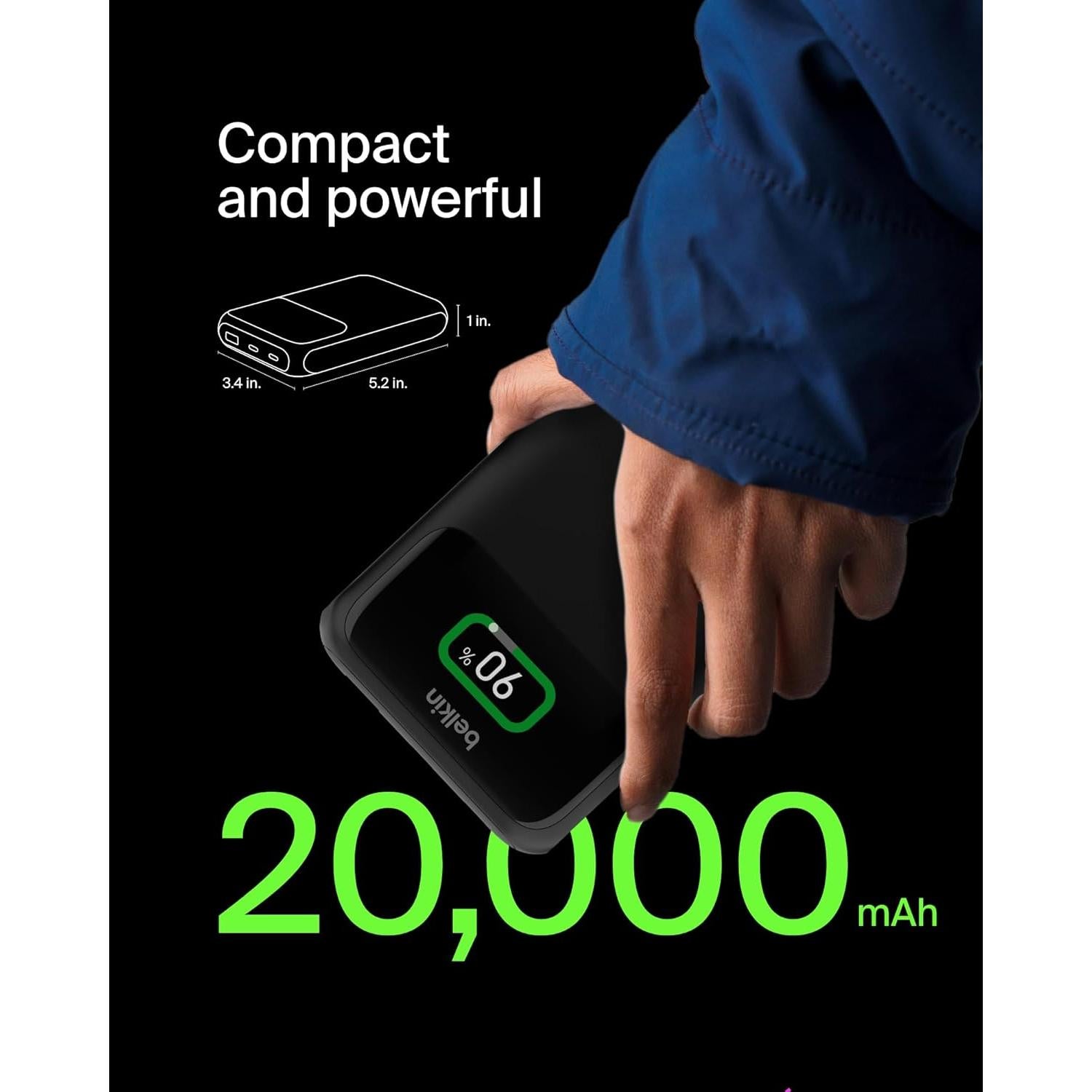 Cargador Portátil Belkin 20,000mAh 3 Puertos USB-C y A - Negro