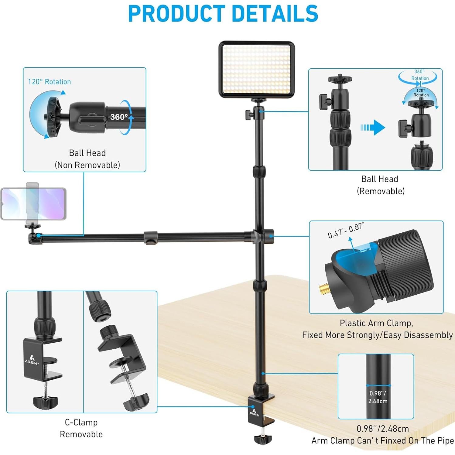 Soporte de cámara AILIGHT TS61 con brazo ajustable 33 cm-83 cm