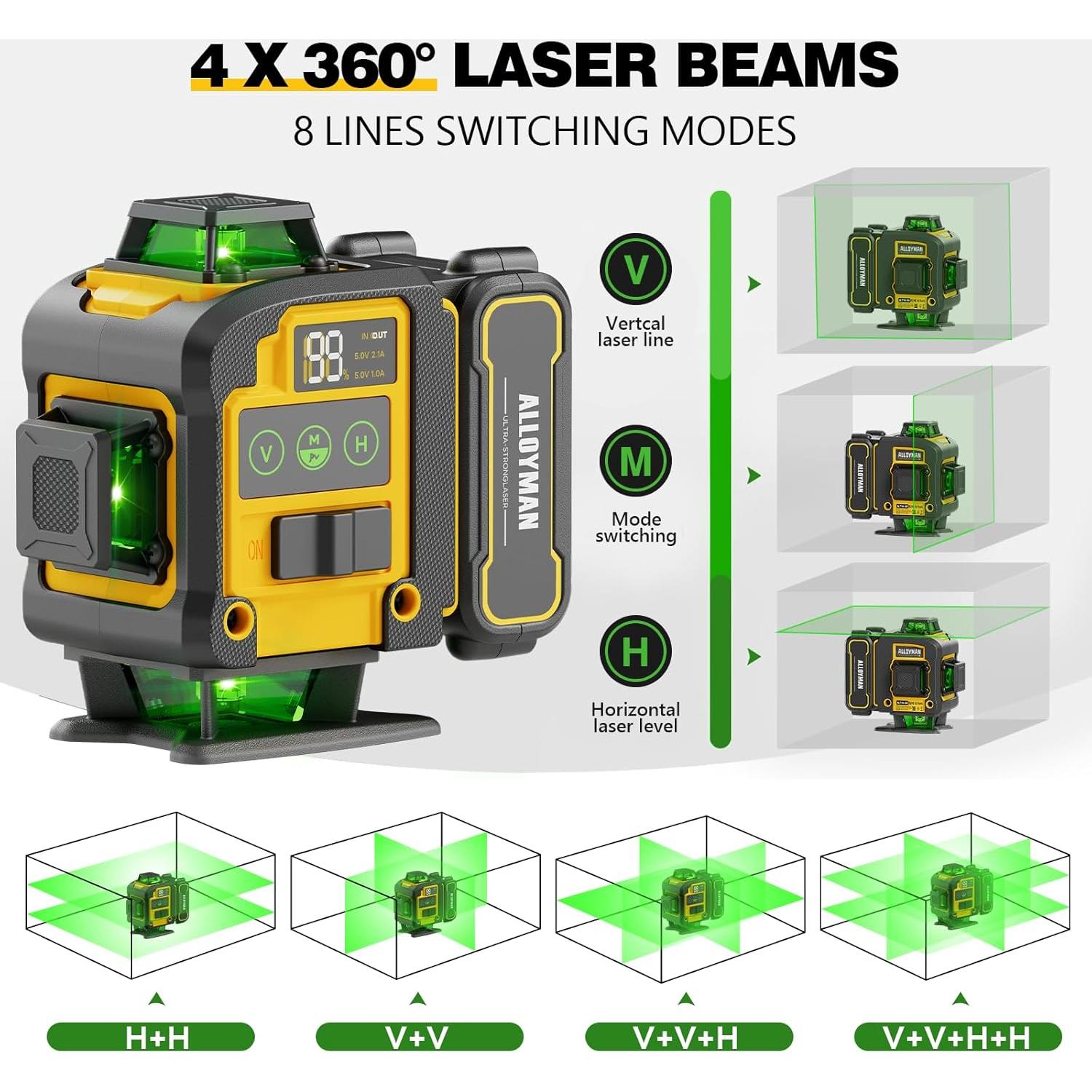 Nivel láser autocompensado Alloyman 4D con trípode y 2 baterías
