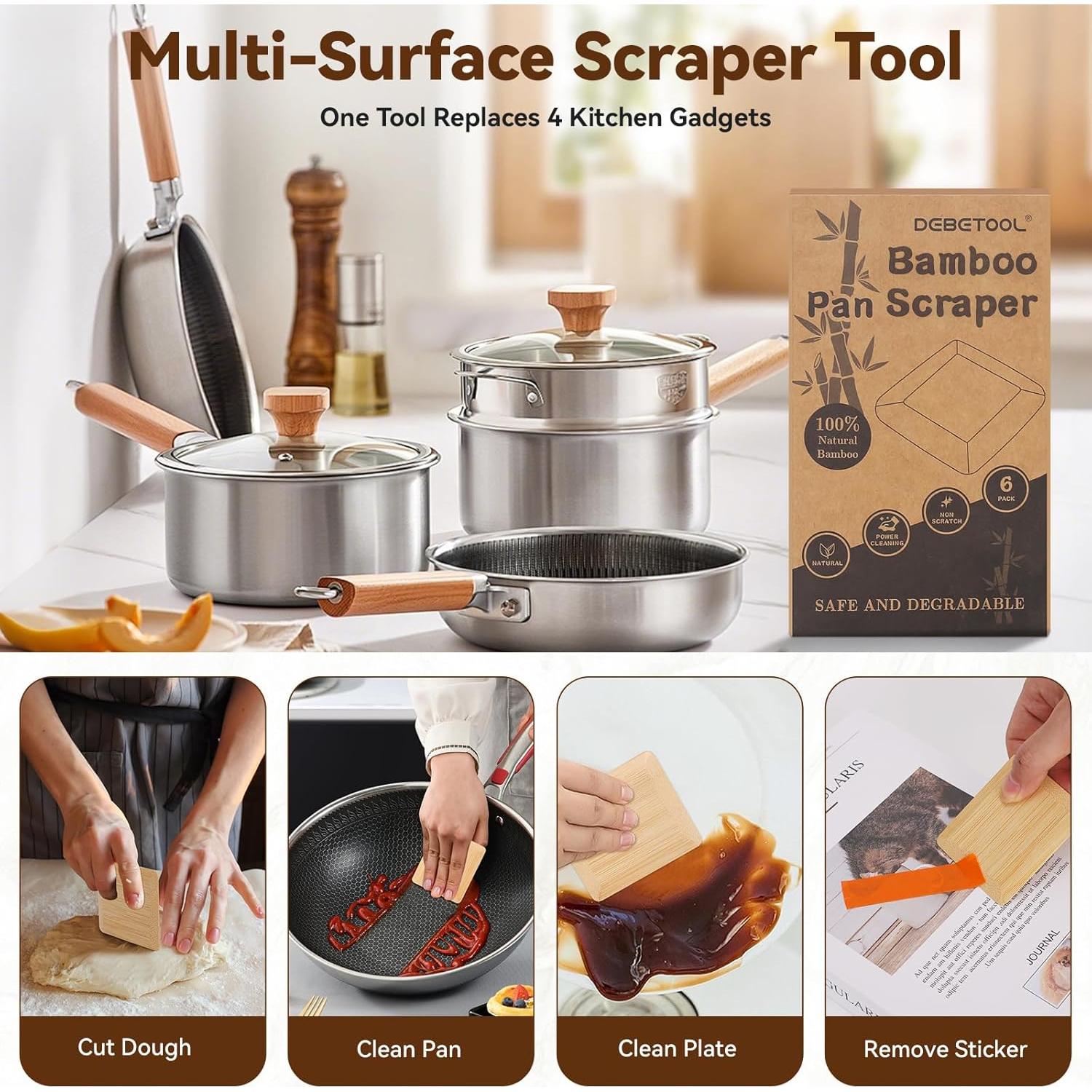 Juego de 6 Raspadores de Bambú Natural DEBETOOL - Sin Rayones