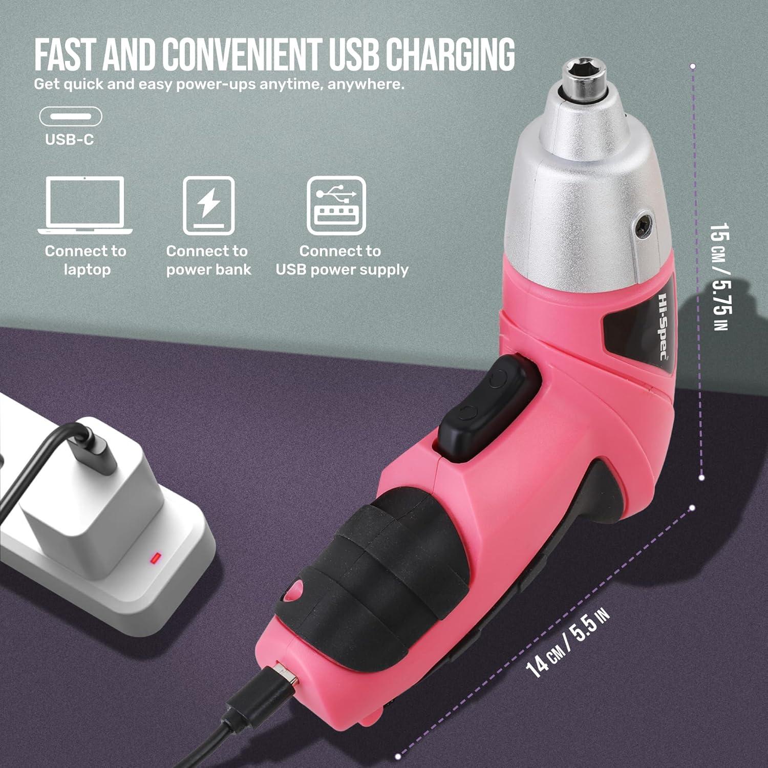 Juego de Destornillador Eléctrico Hi-Spec 19pc 3.6V Rosa USB