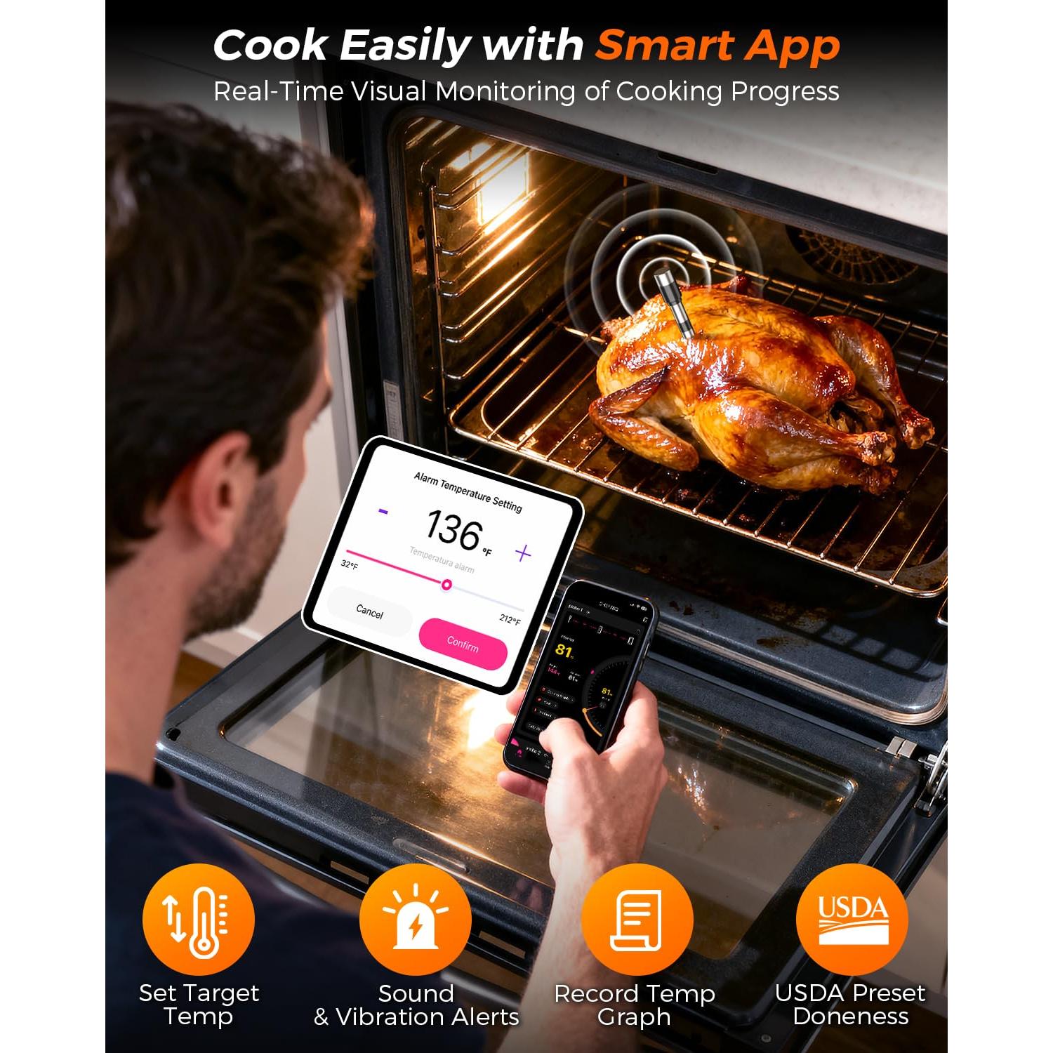 Termómetro de Carne Inalámbrico Alfolive HK-W02, 2 Sondas