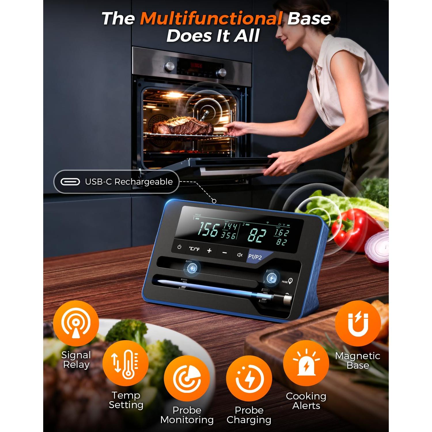 Termómetro de Carne Inalámbrico Alfolive HK-W02, 2 Sondas