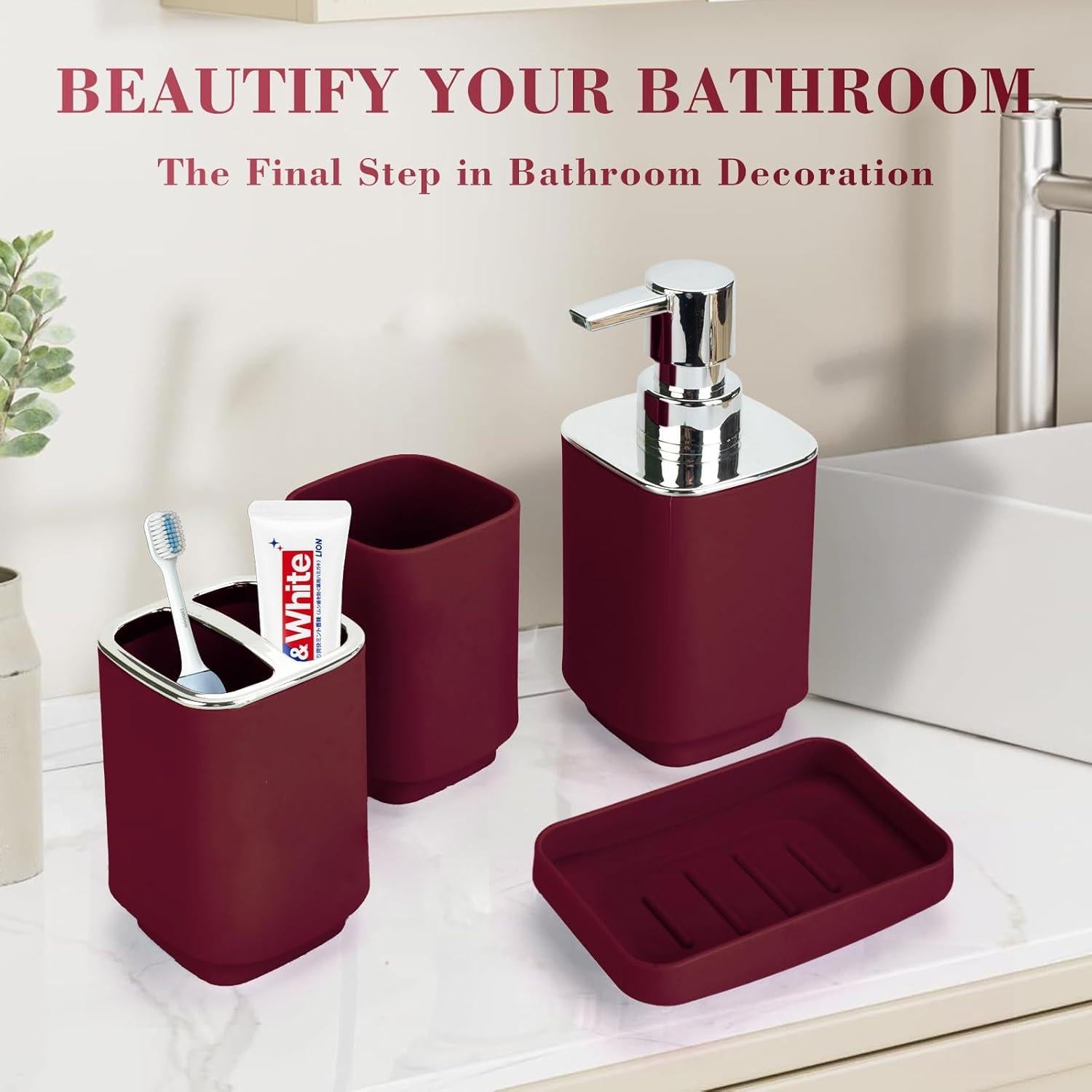 Juego de Accesorios de Baño 4 Piezas Borgoña CDorigin