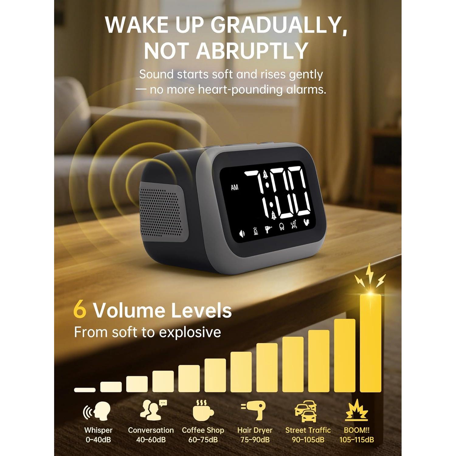 Reloj Despertador Acedeck 115dB con Carga USB y Alarmas Dobles