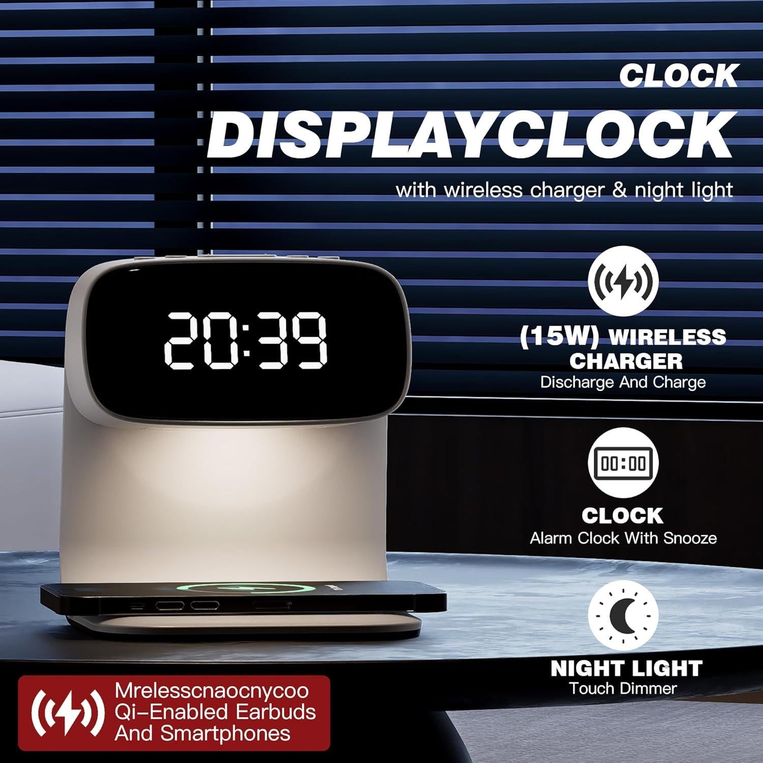 Reloj Despertador Digital YIDPU con Carga Inalámbrica 15W