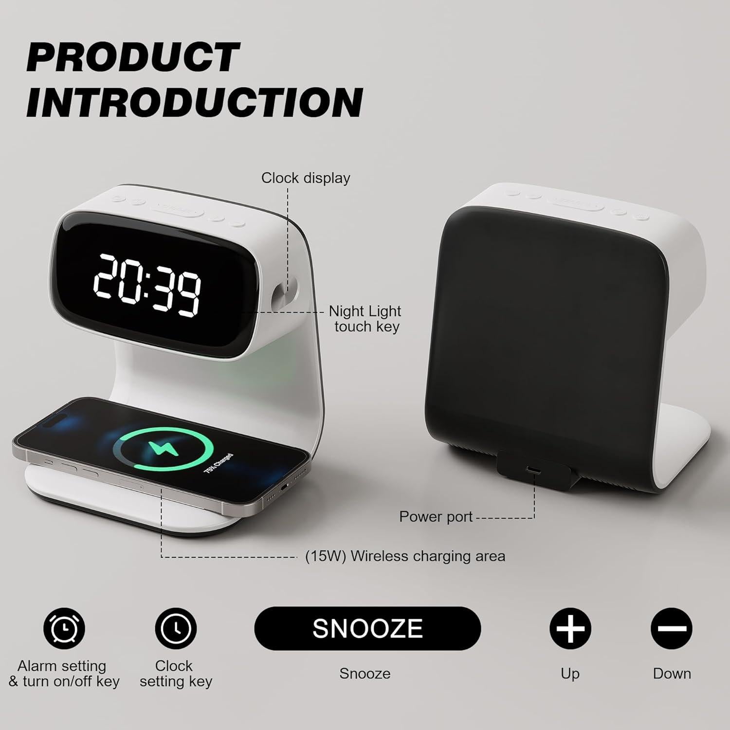 Reloj Despertador Digital YIDPU con Carga Inalámbrica 15W