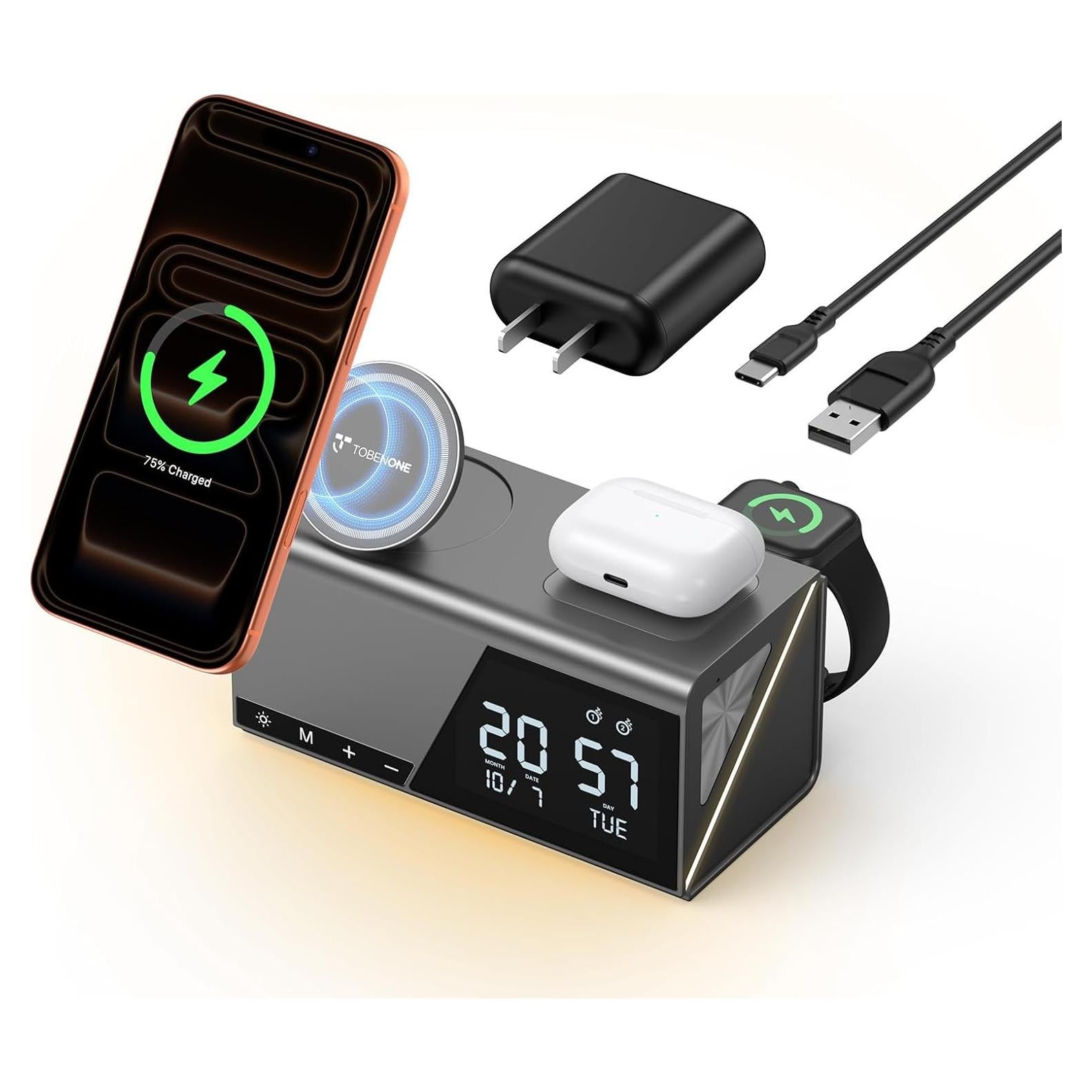 Estación de Carga Inalámbrica TobenONE 6-en-1 con Reloj y Luz