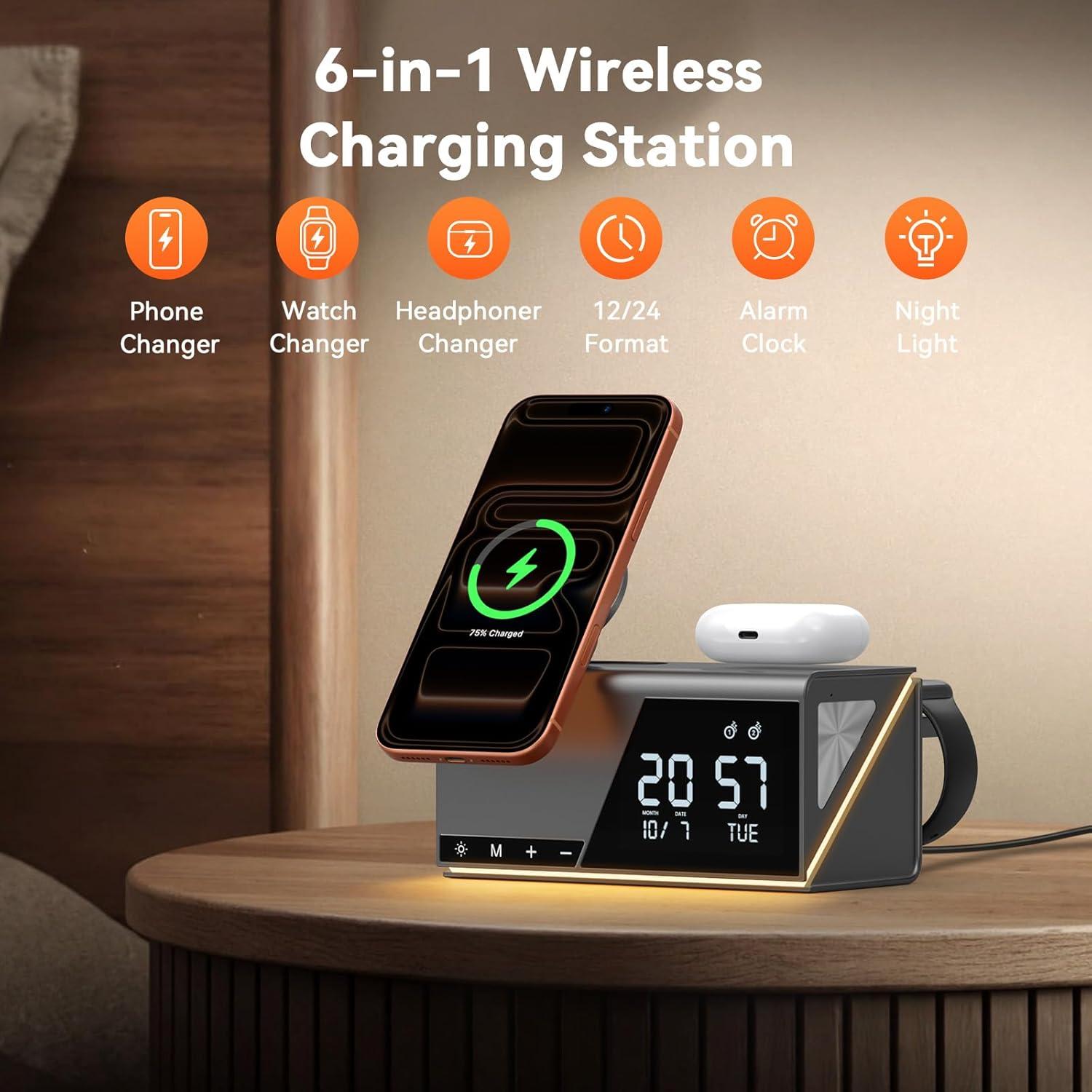 Estación de Carga Inalámbrica TobenONE 6-en-1 con Reloj y Luz