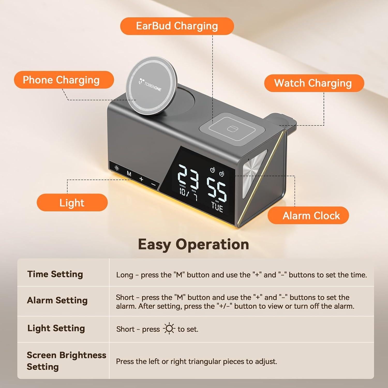 Estación de Carga Inalámbrica TobenONE 6-en-1 con Reloj y Luz