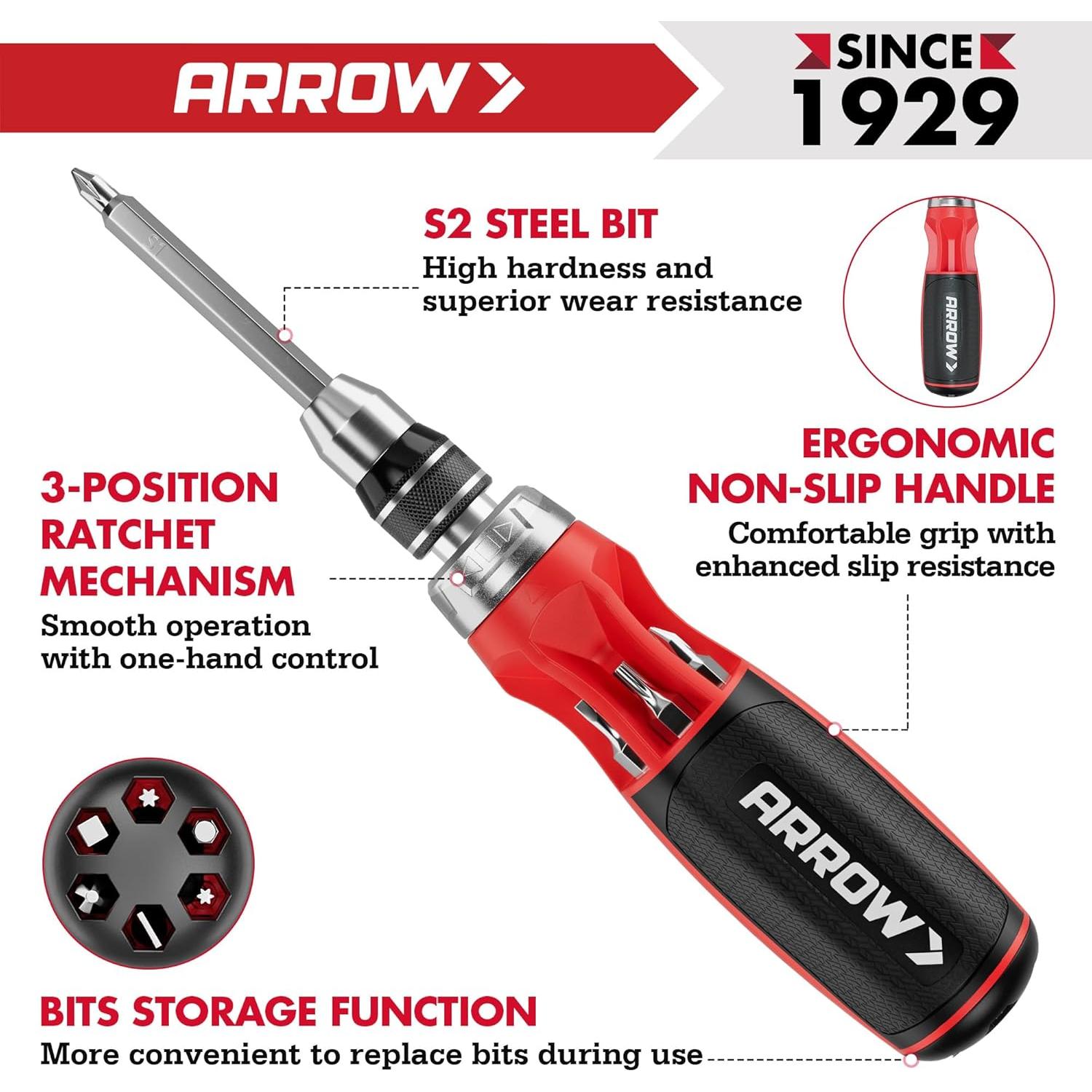 Destornillador de Trinquete ARROW 12 en 1 con Puntas S2