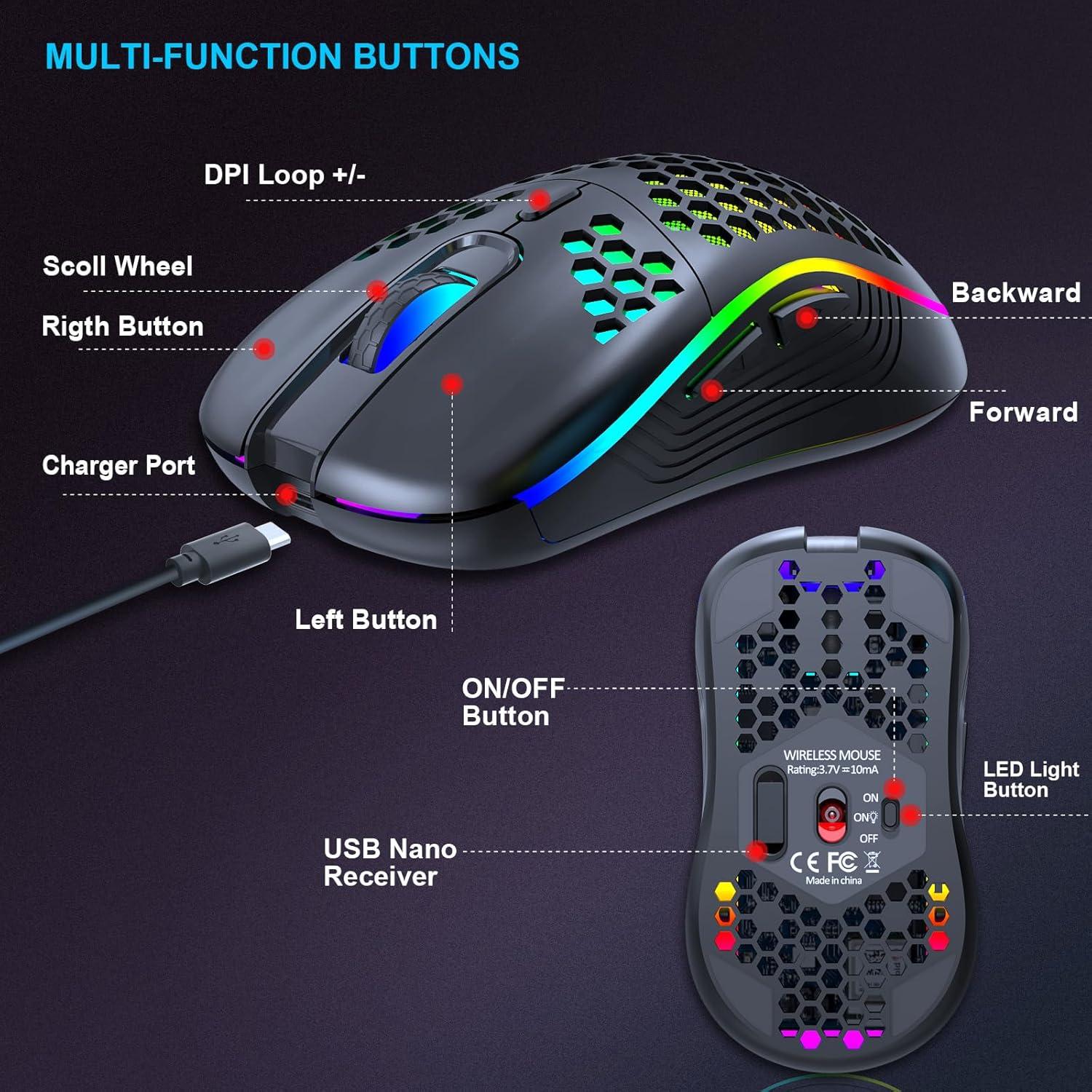 Ratón Gaming Inalámbrico JYCSTE Ergonómico RGB 7 Botones