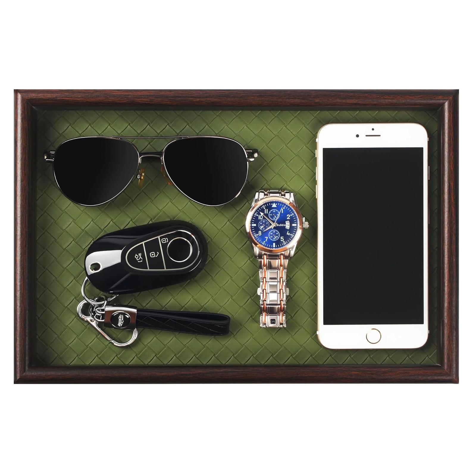 Bandeja de Valet Zosenley de Madera y Cuero Verde 20x30cm