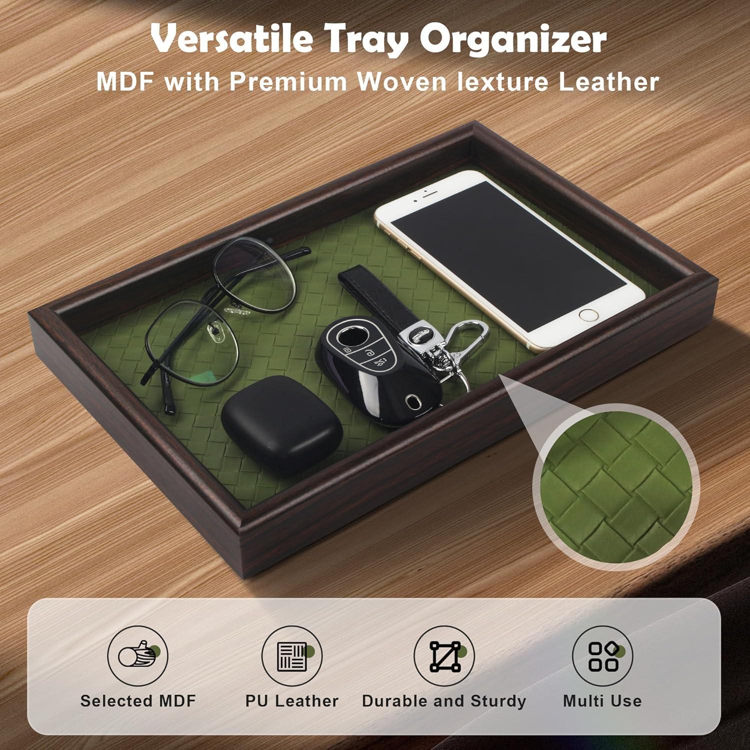 Bandeja de Valet Zosenley de Madera y Cuero Verde 20x30cm