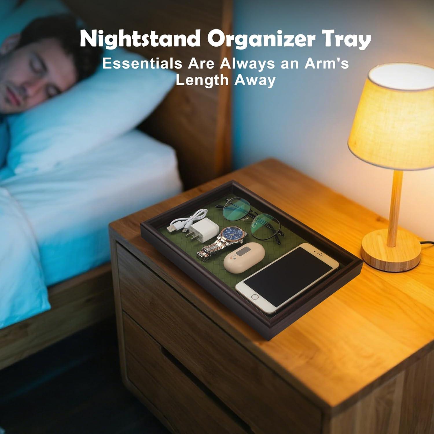 Bandeja de Valet Zosenley de Madera y Cuero Verde 20x30cm