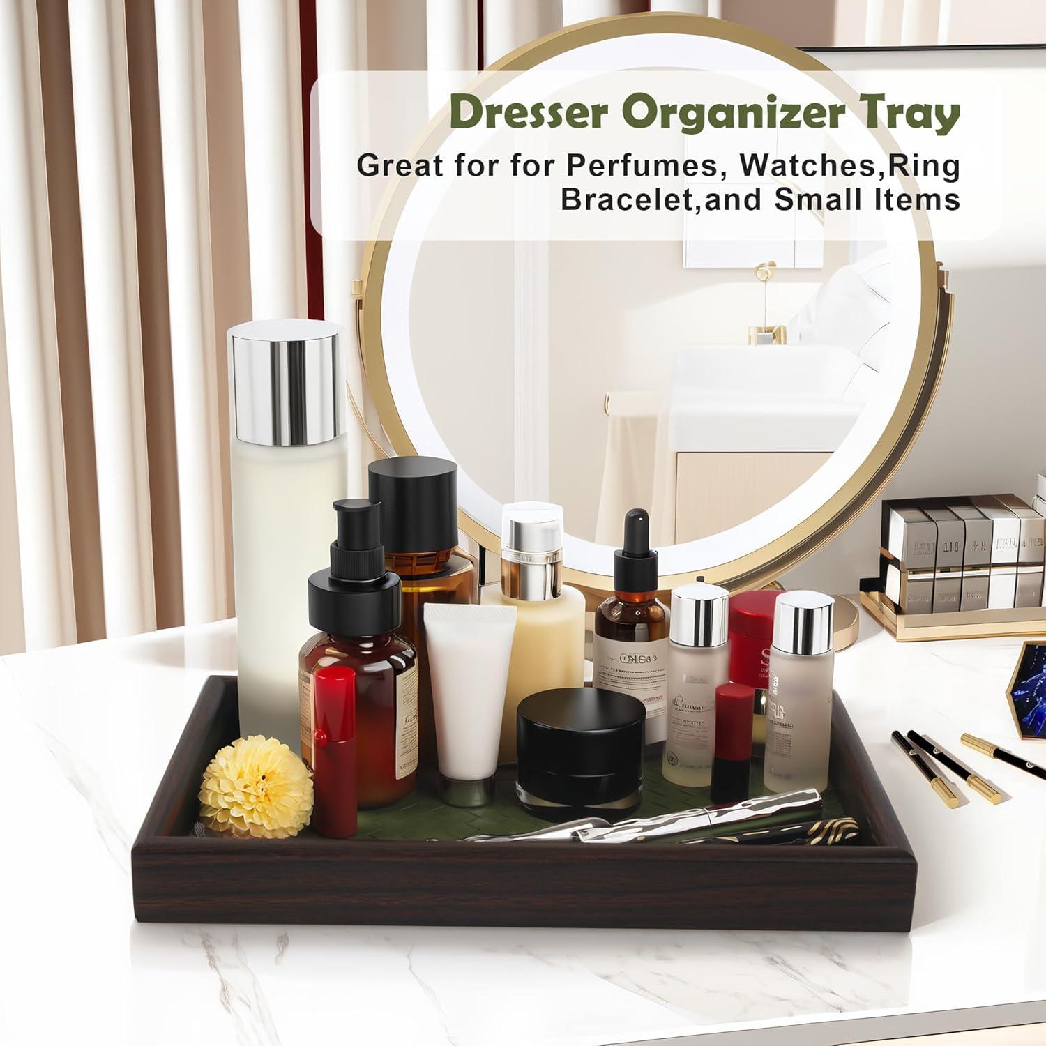 Bandeja de Valet Zosenley de Madera y Cuero Verde 20x30cm