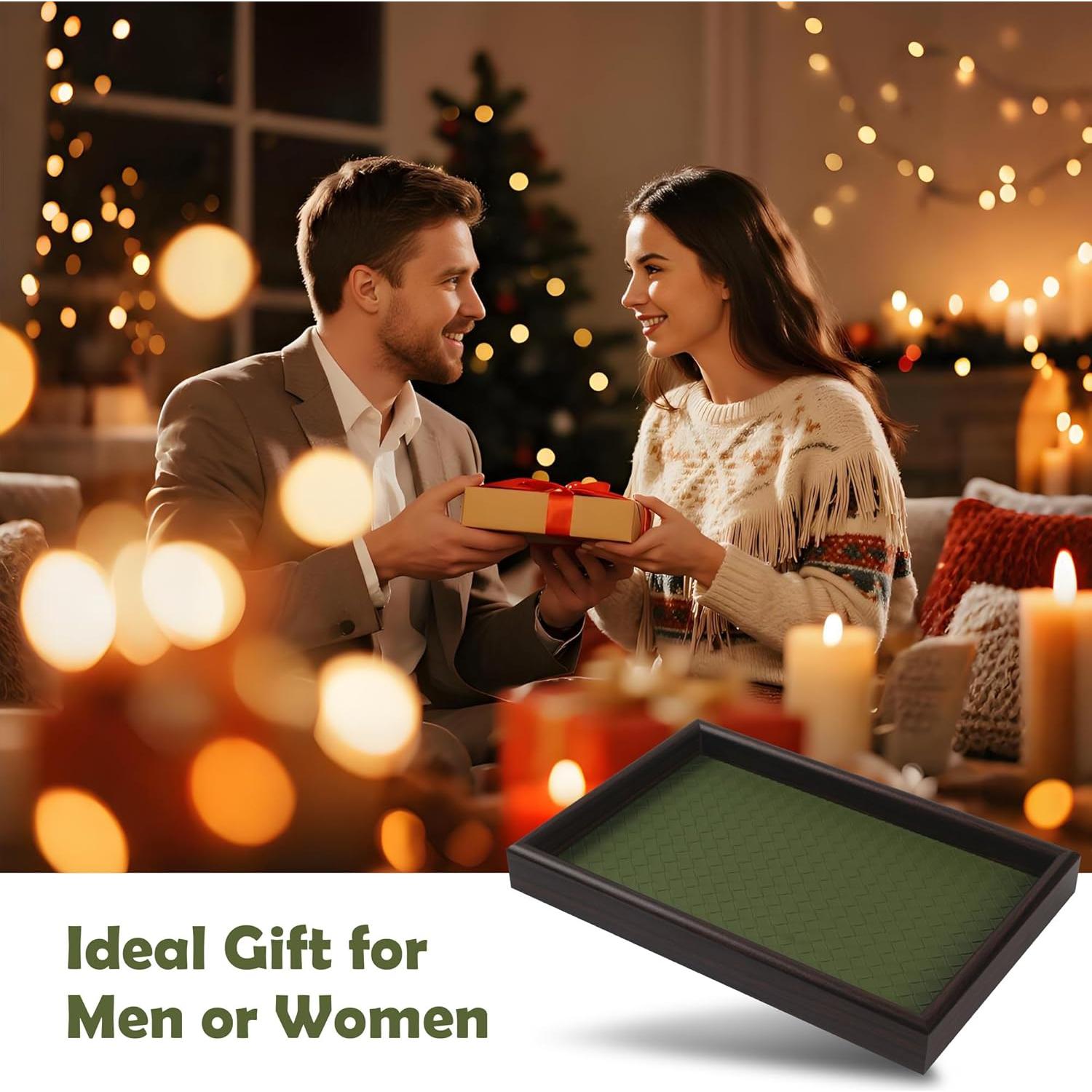 Bandeja de Valet Zosenley de Madera y Cuero Verde 20x30cm