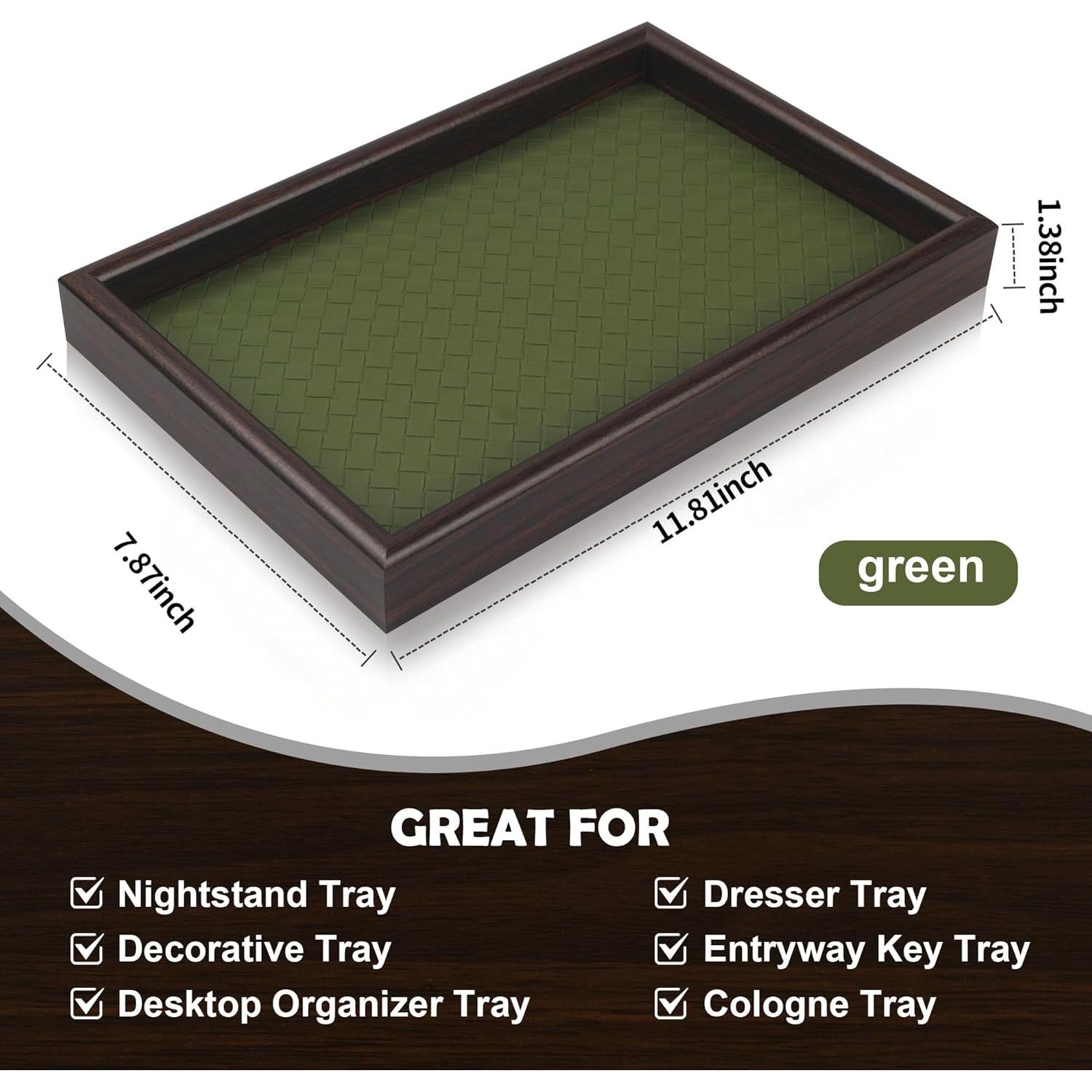 Bandeja de Valet Zosenley de Madera y Cuero Verde 20x30cm