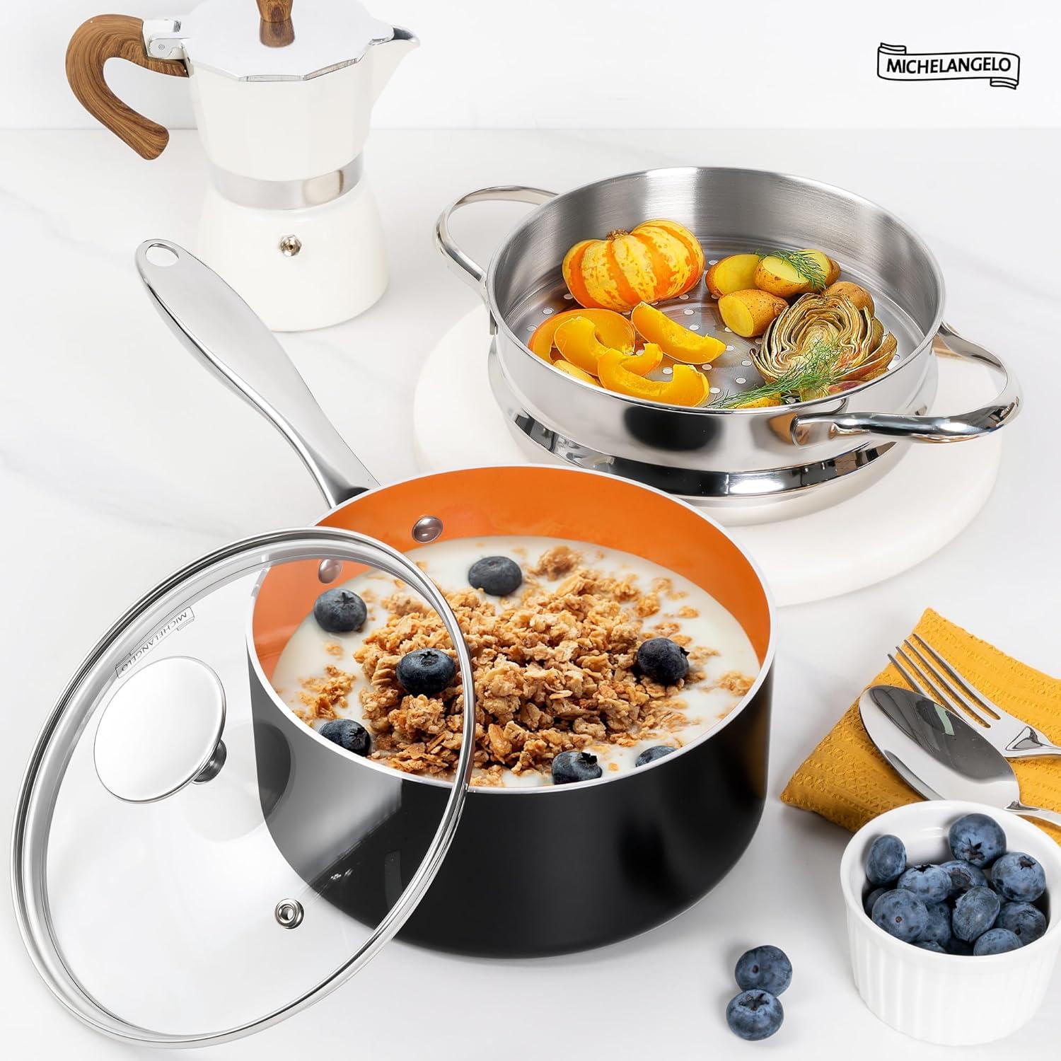 Cacerola Antiadherente Michelangelo 2 Qt con Vaporera y Tapa