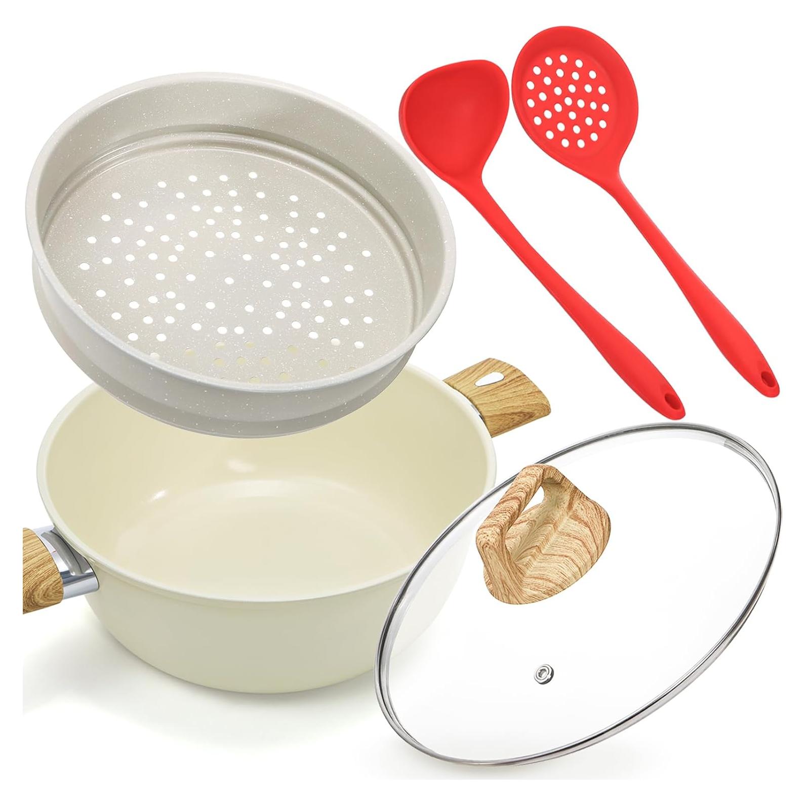 Olla de Cerámica WUWEOT 4 Qt Antiadherente con Canasta Vapor