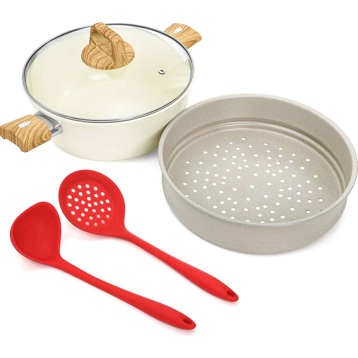 Olla de Cerámica WUWEOT 4 Qt Antiadherente con Canasta Vapor