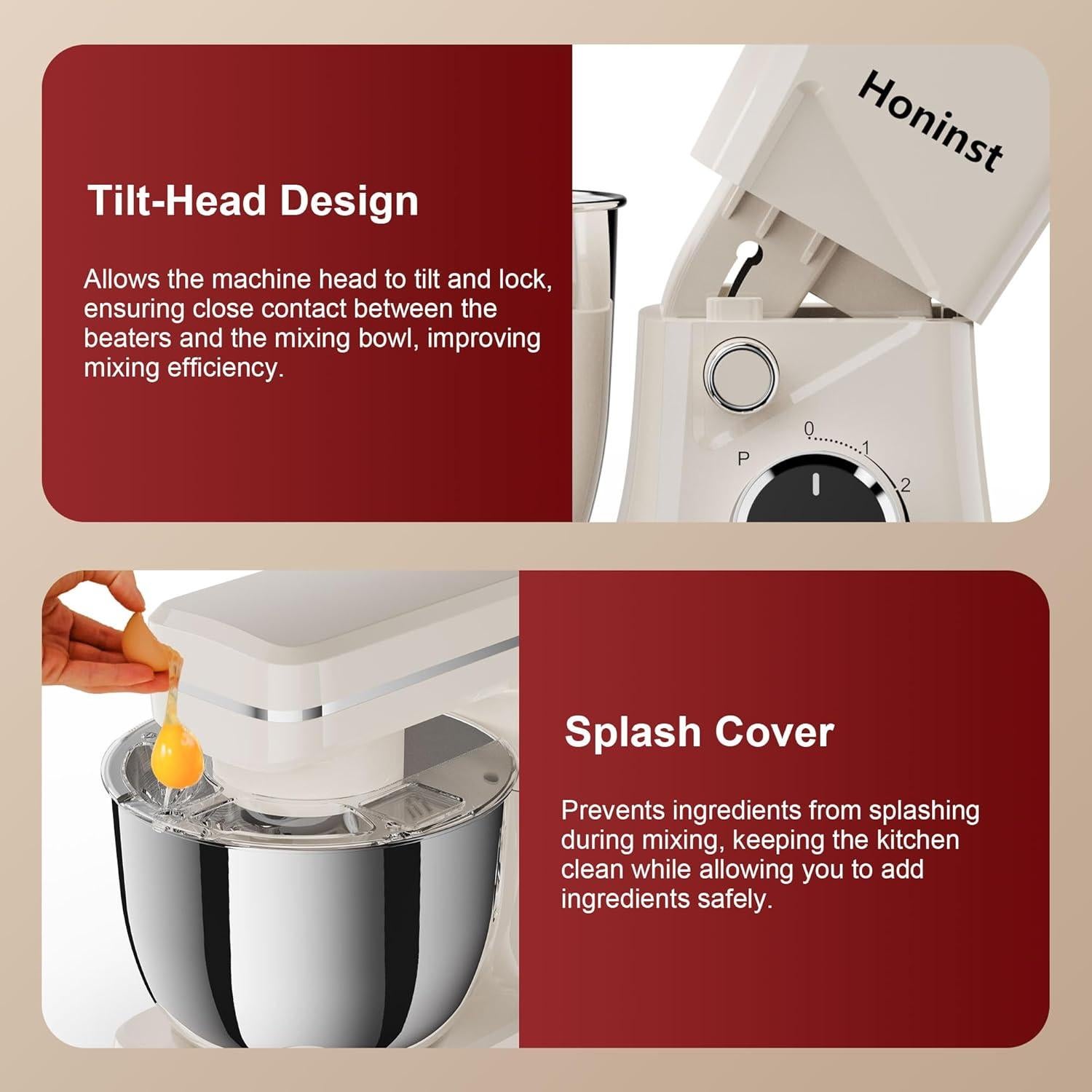 Batidora de pie Honinst 6QT 10 velocidades beige con accesorios