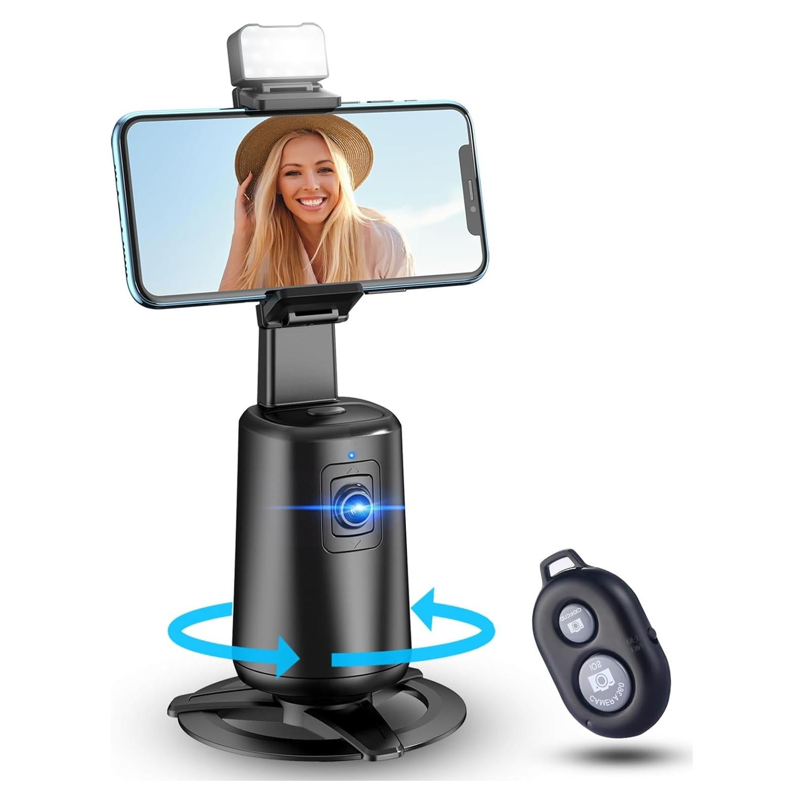 Auto Face Tracking Tripod 360° Rotating Cell Phone Photo and Video Kits Stand, No App, Camera Stand with Remote and Gesture Control, Rechargeable Smart Shooting Stand for Live Recording Tiktok（Black）