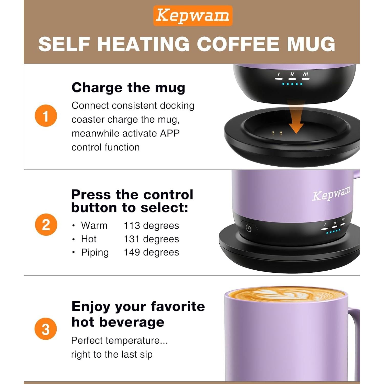 Taza de Café Autocalentable Kepwam T1 16oz Control Aplicación