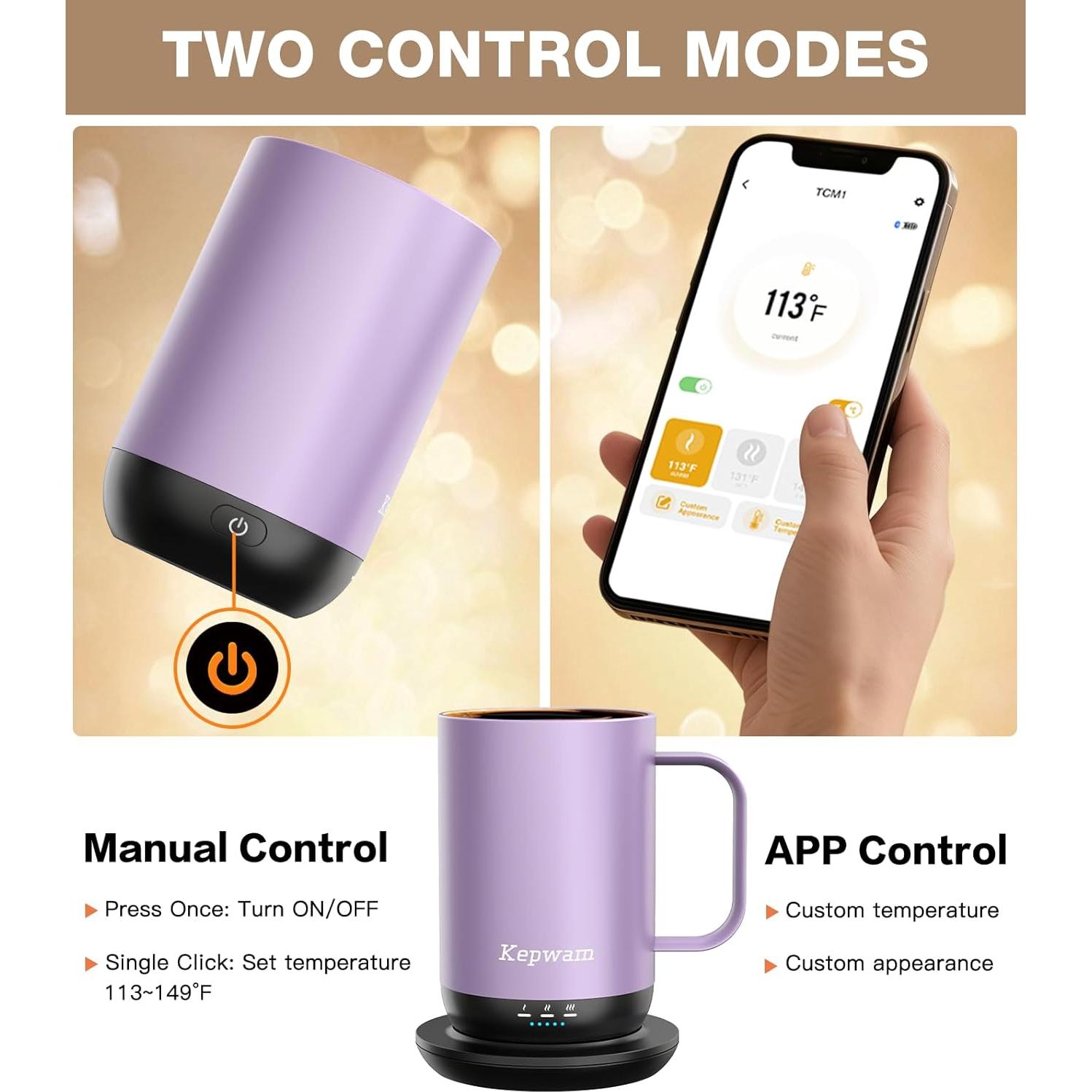 Taza de Café Autocalentable Kepwam T1 16oz Control Aplicación