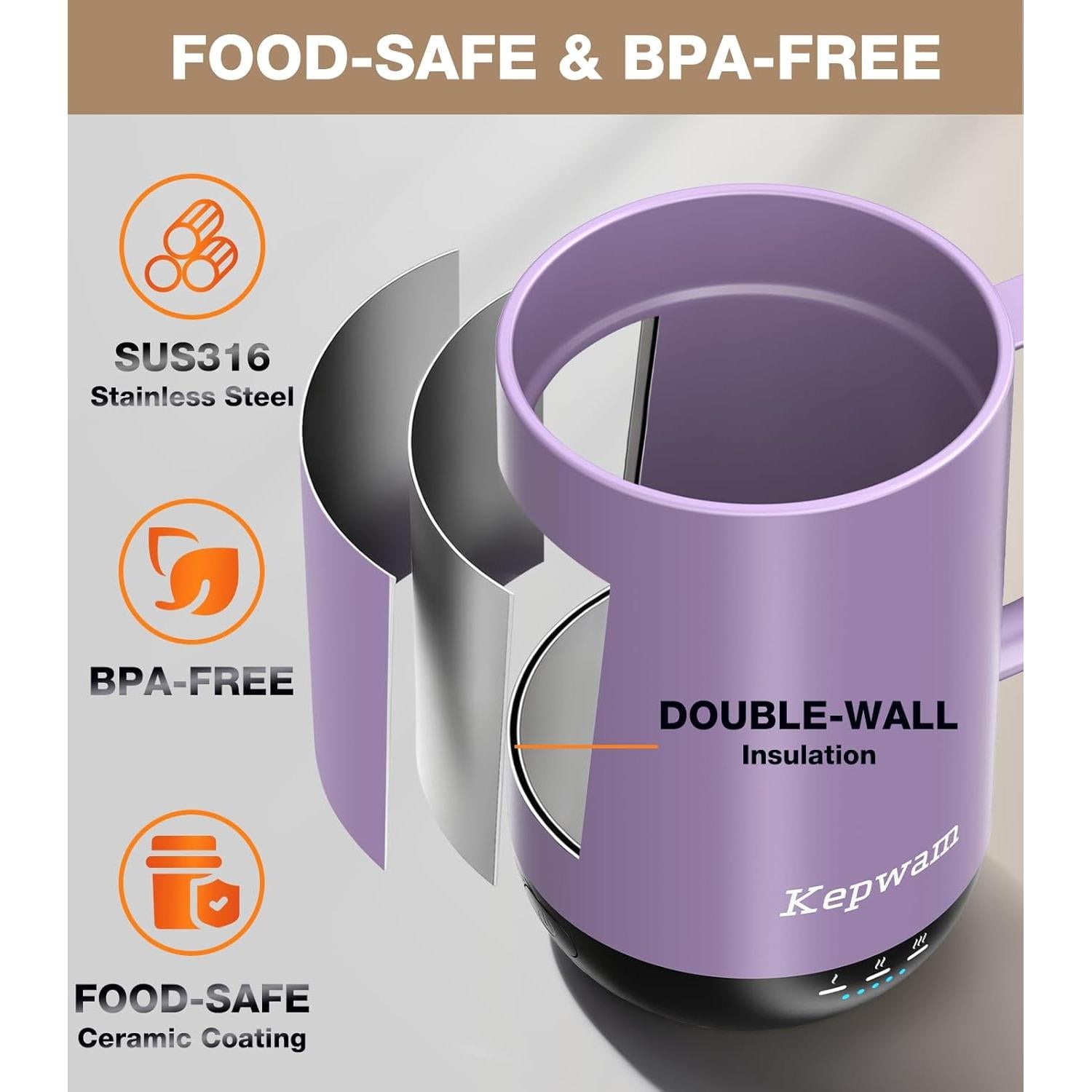 Taza de Café Autocalentable Kepwam T1 16oz Control Aplicación