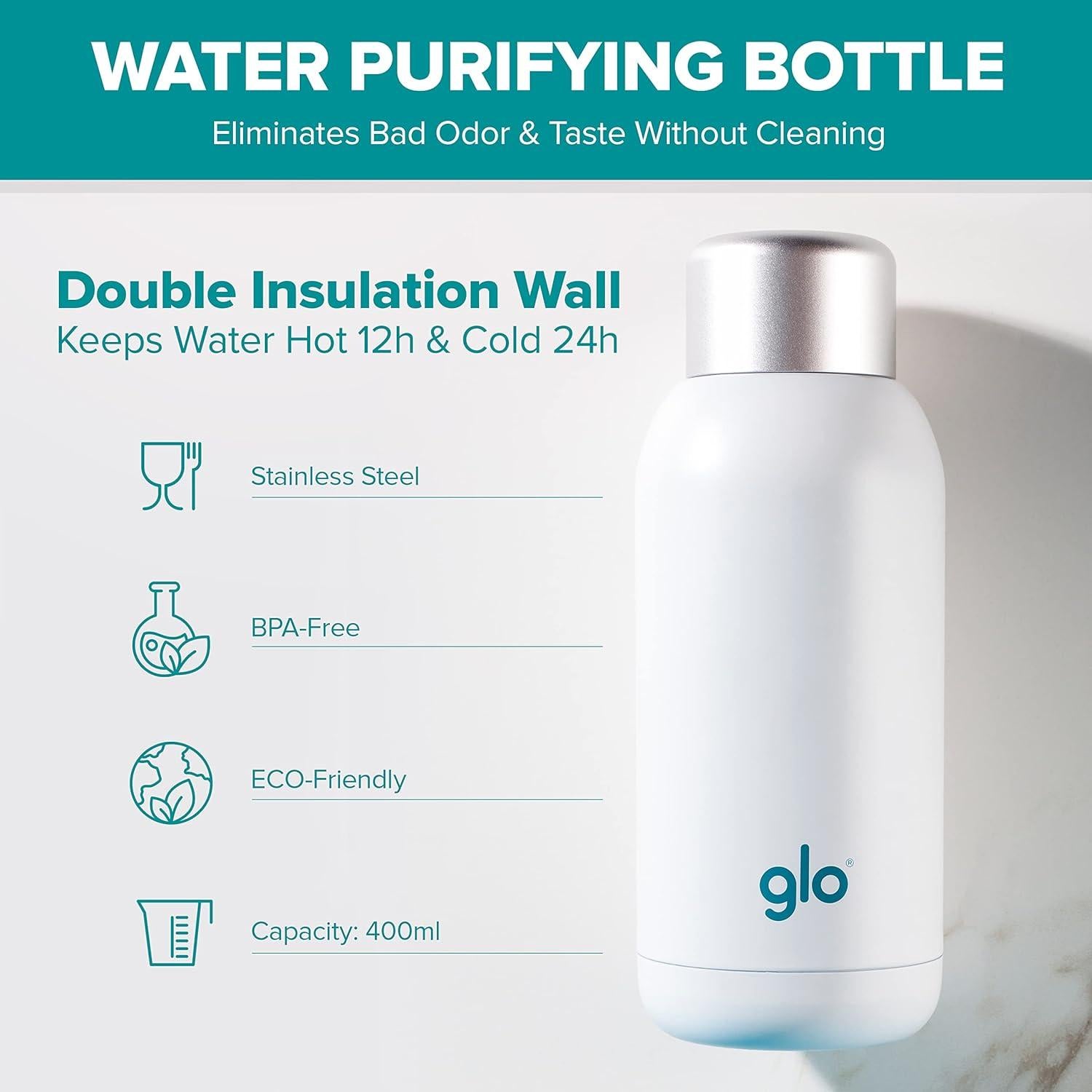 Botella de Agua Inteligente Glo 400ml Acero Inoxidable UV