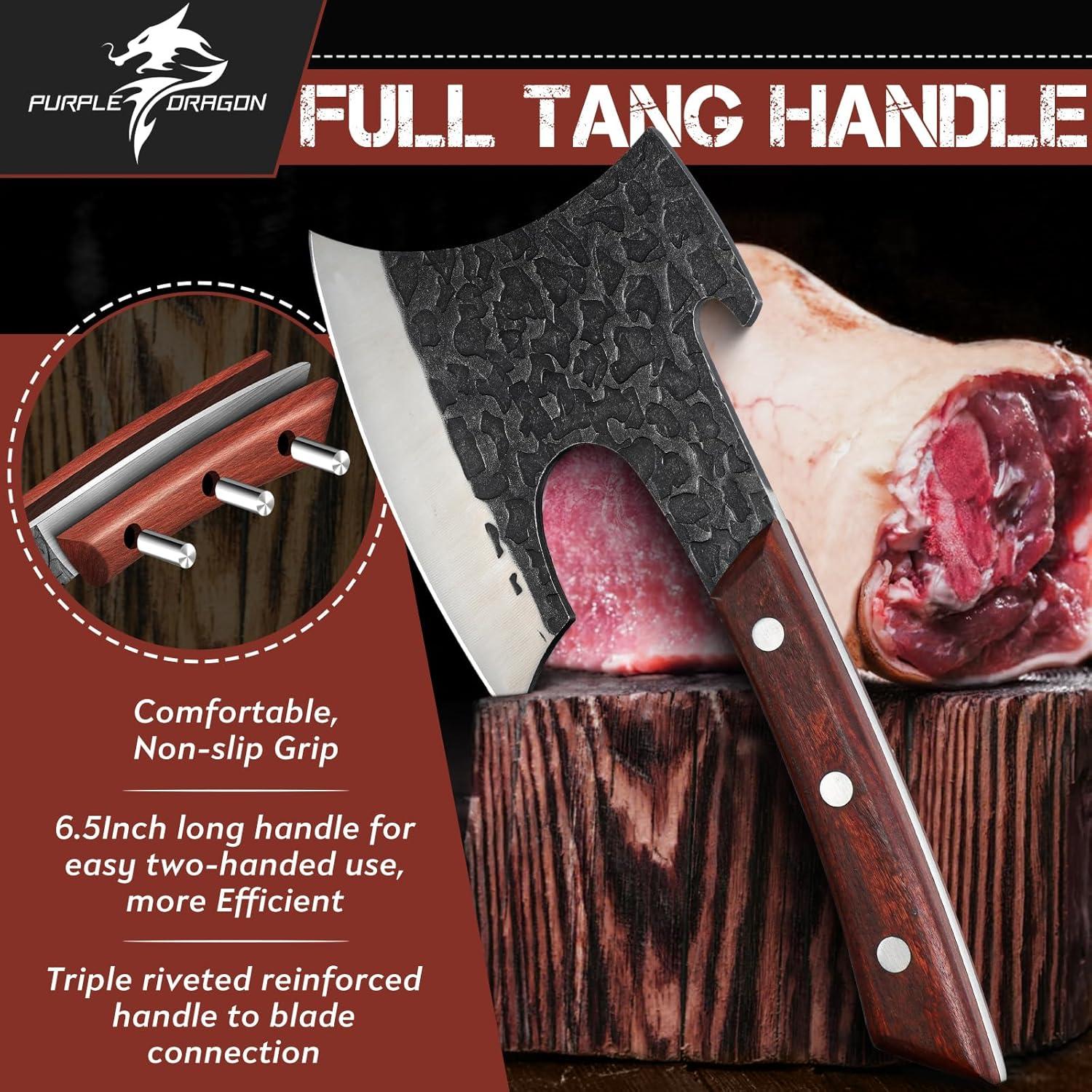 Cuchillo de Carnicero Dragón Púrpura 16.5 cm - Hacha Forjada para Cortar Huesos