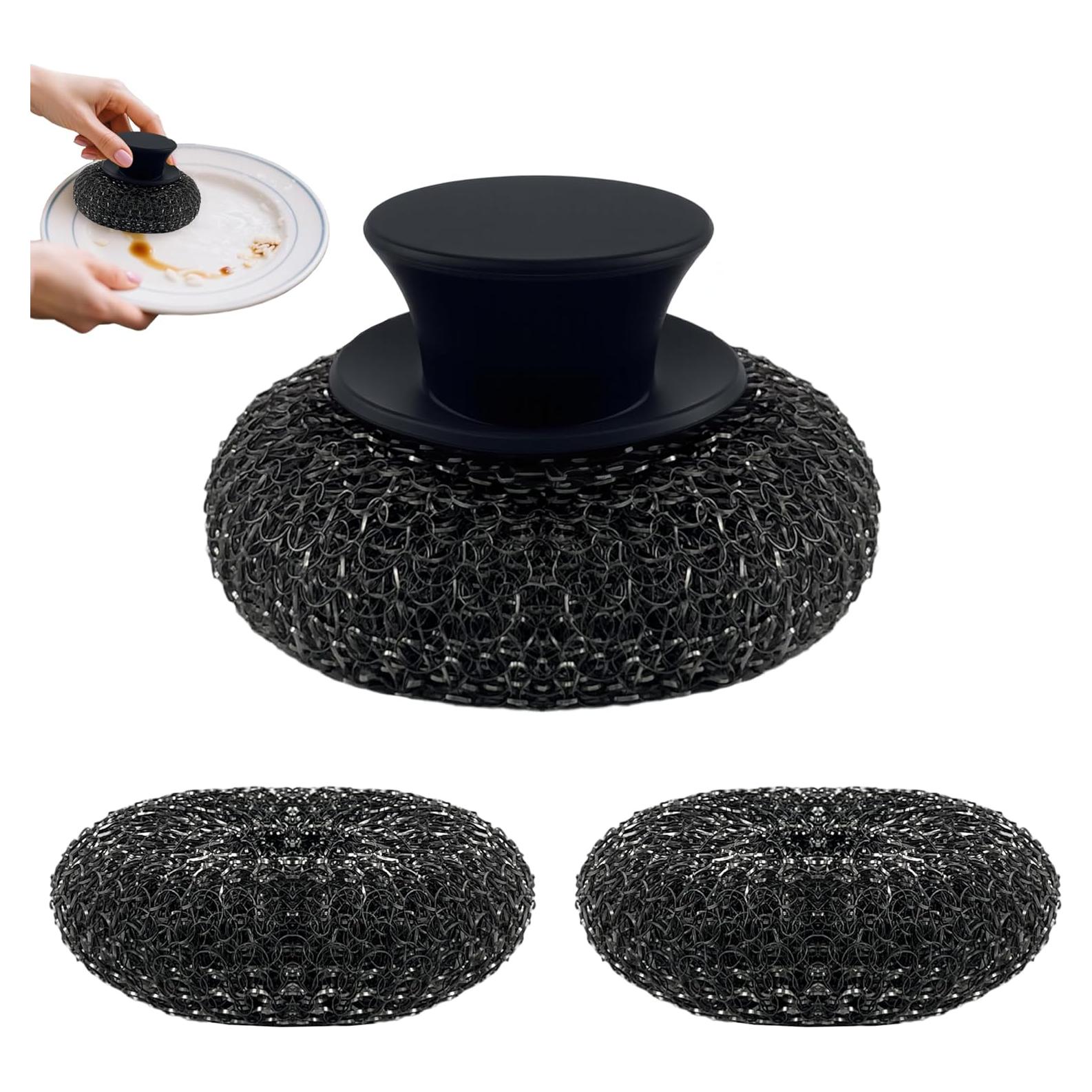 Estropajo de Acero Inoxidable Frayot con Mango de Goma y 2 Almohadillas