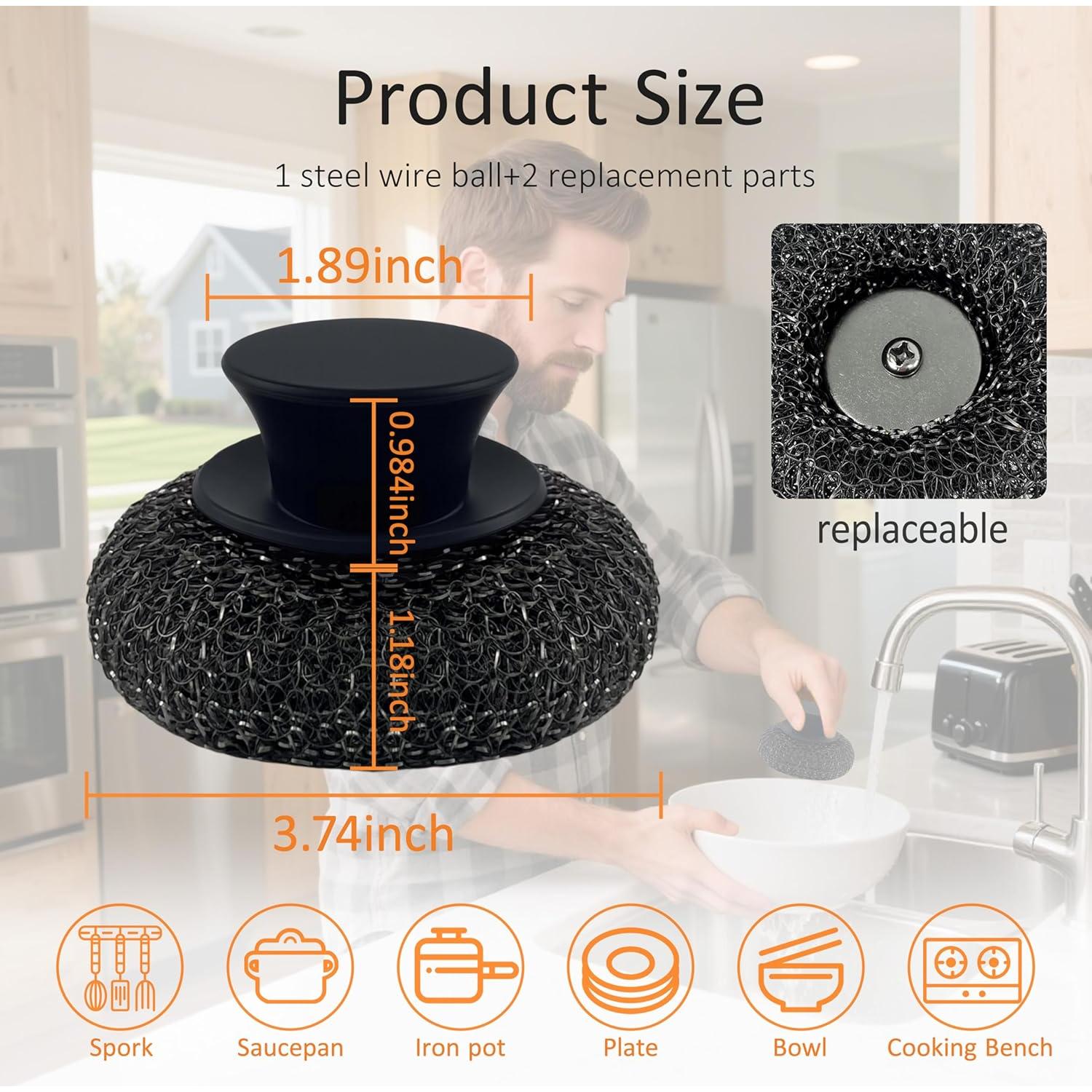 Estropajo de Acero Inoxidable Frayot con Mango de Goma y 2 Almohadillas