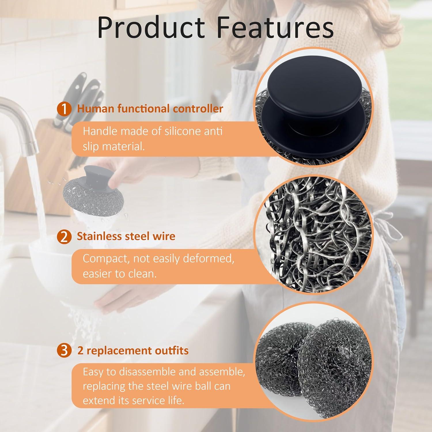 Estropajo de Acero Inoxidable Frayot con Mango de Goma y 2 Almohadillas