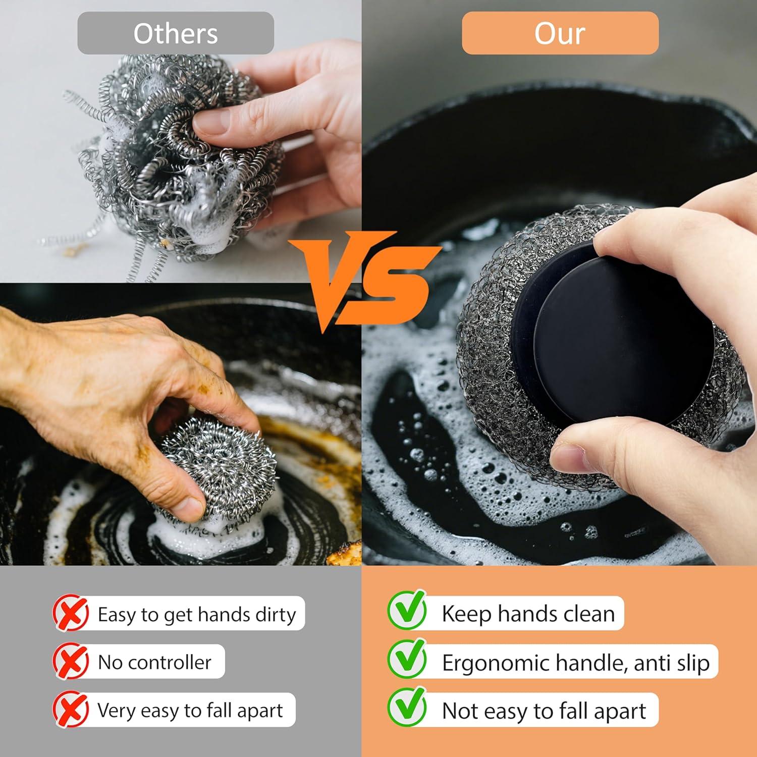 Estropajo de Acero Inoxidable Frayot con Mango de Goma y 2 Almohadillas