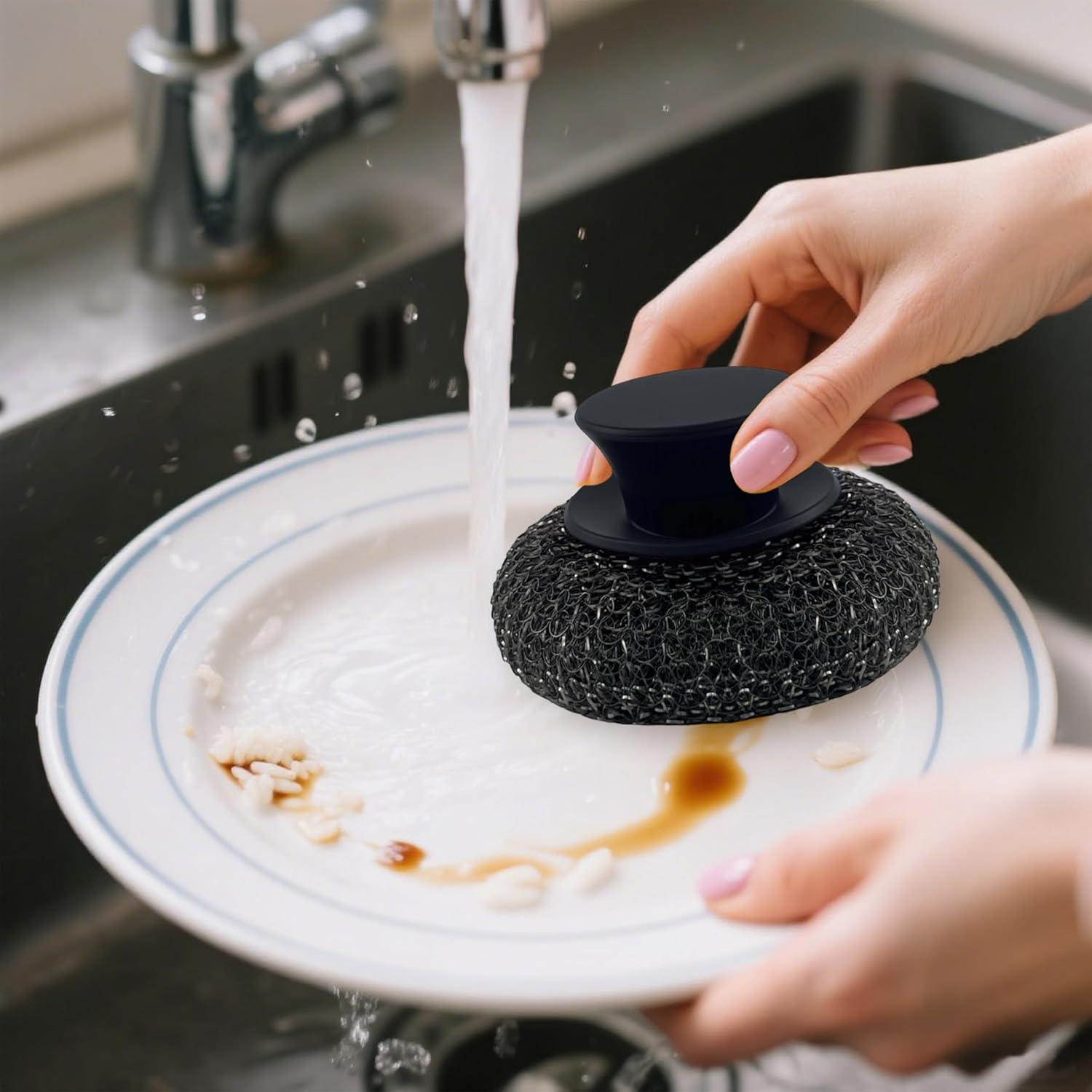 Estropajo de Acero Inoxidable Frayot con Mango de Goma y 2 Almohadillas