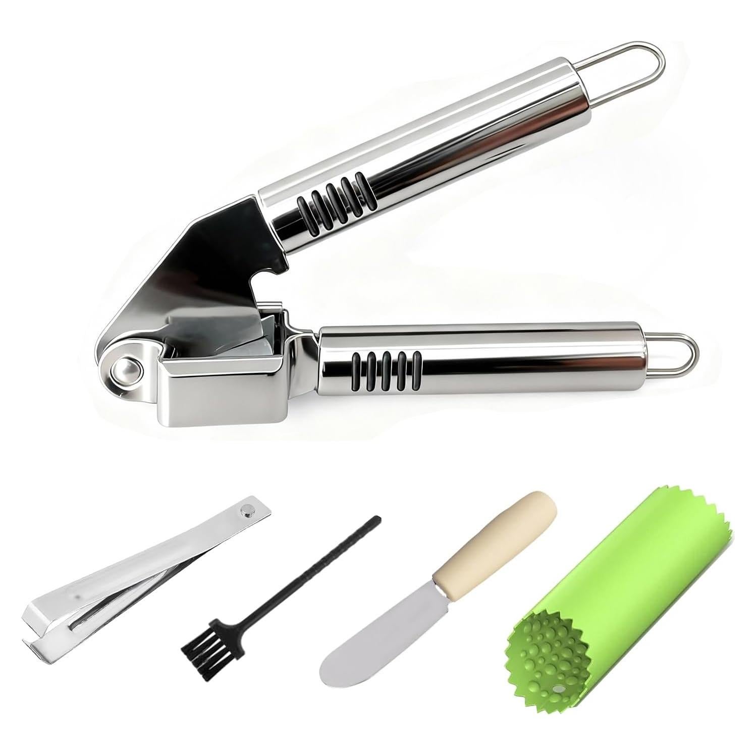 Prensa y Pelador de Ajo MANJIA Acero Inoxidable 5 Piezas Verde