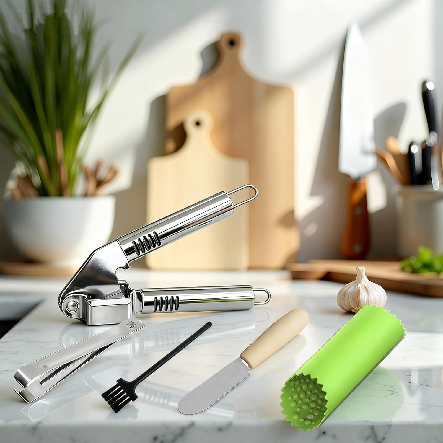 Prensa y Pelador de Ajo MANJIA Acero Inoxidable 5 Piezas Verde