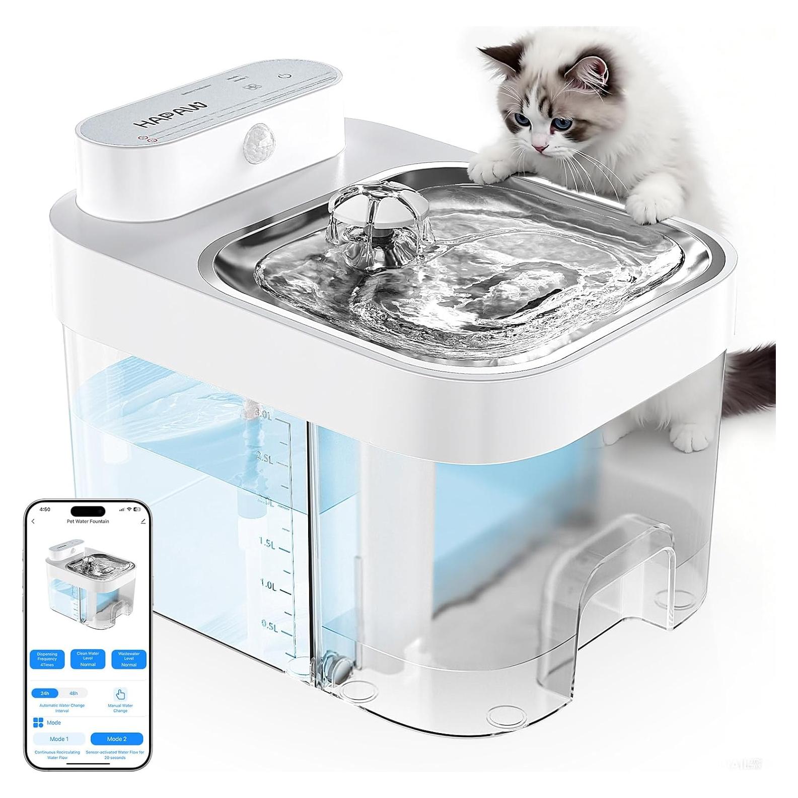 Fuente de Agua para Gatos HAPAW 3L, Sin Filtro, Wi-Fi, Batería 5000mAh
