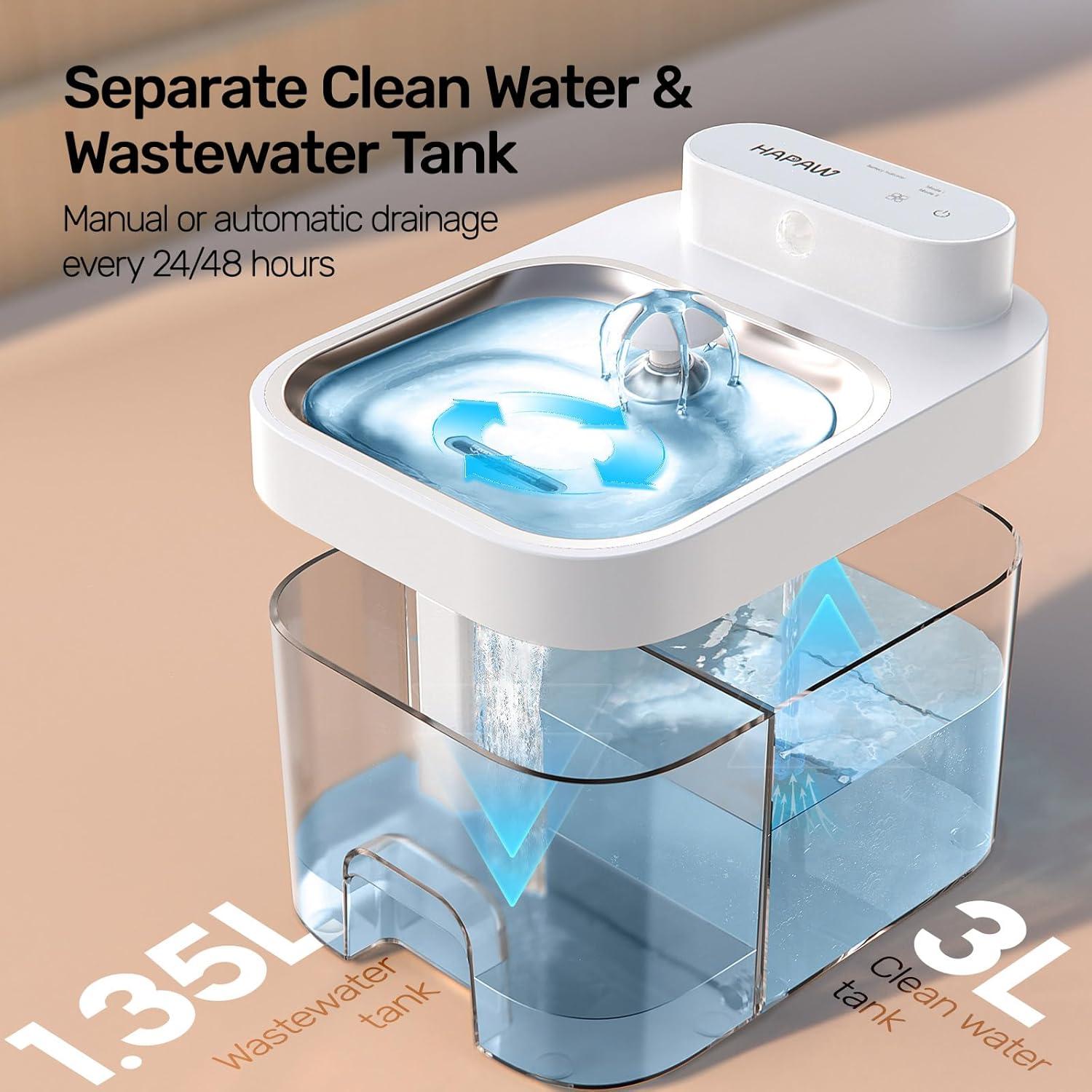 Fuente de Agua para Gatos HAPAW 3L, Sin Filtro, Wi-Fi, Batería 5000mAh