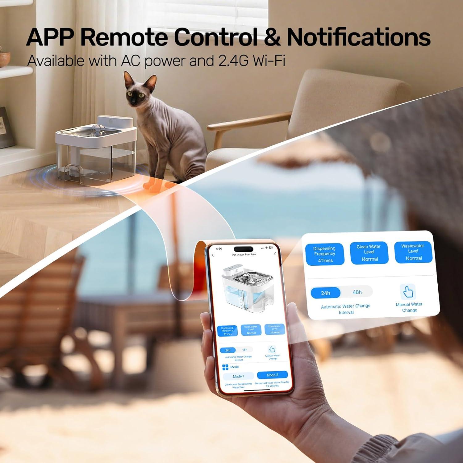Fuente de Agua para Gatos HAPAW 3L, Sin Filtro, Wi-Fi, Batería 5000mAh