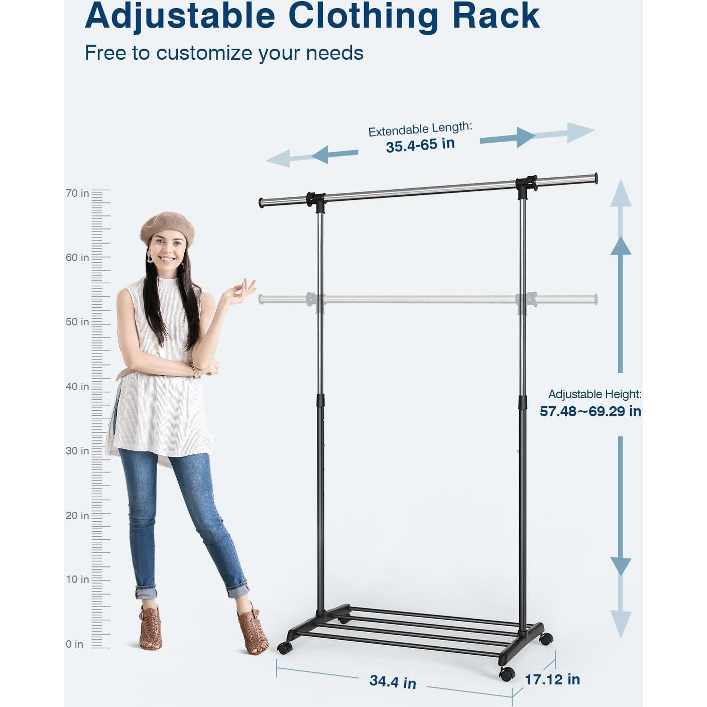 Perchero ajustable Whitmor con ruedas - Negro y Cromo