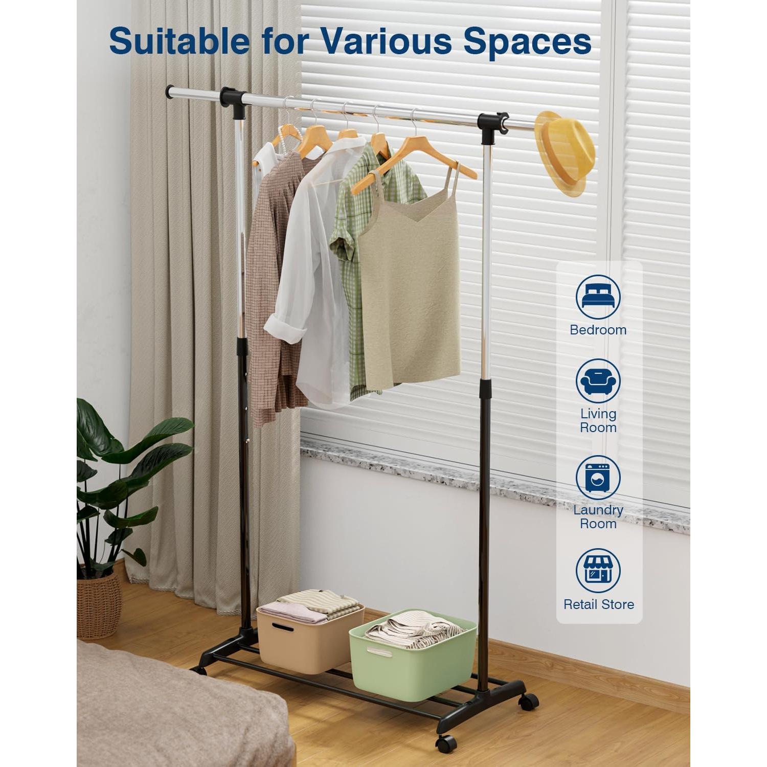 Perchero ajustable Whitmor con ruedas - Negro y Cromo