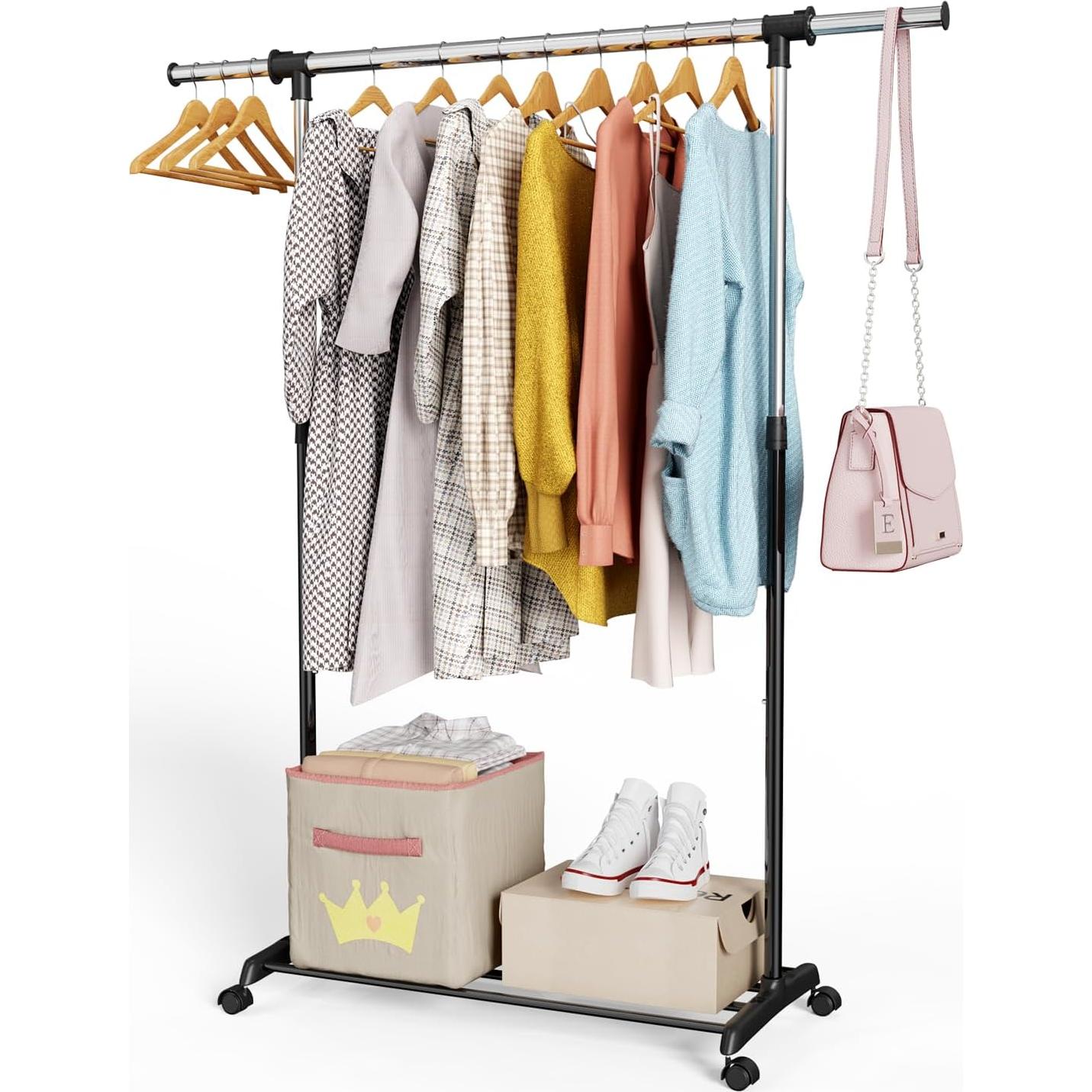 Perchero ajustable Whitmor con ruedas - Negro y Cromo