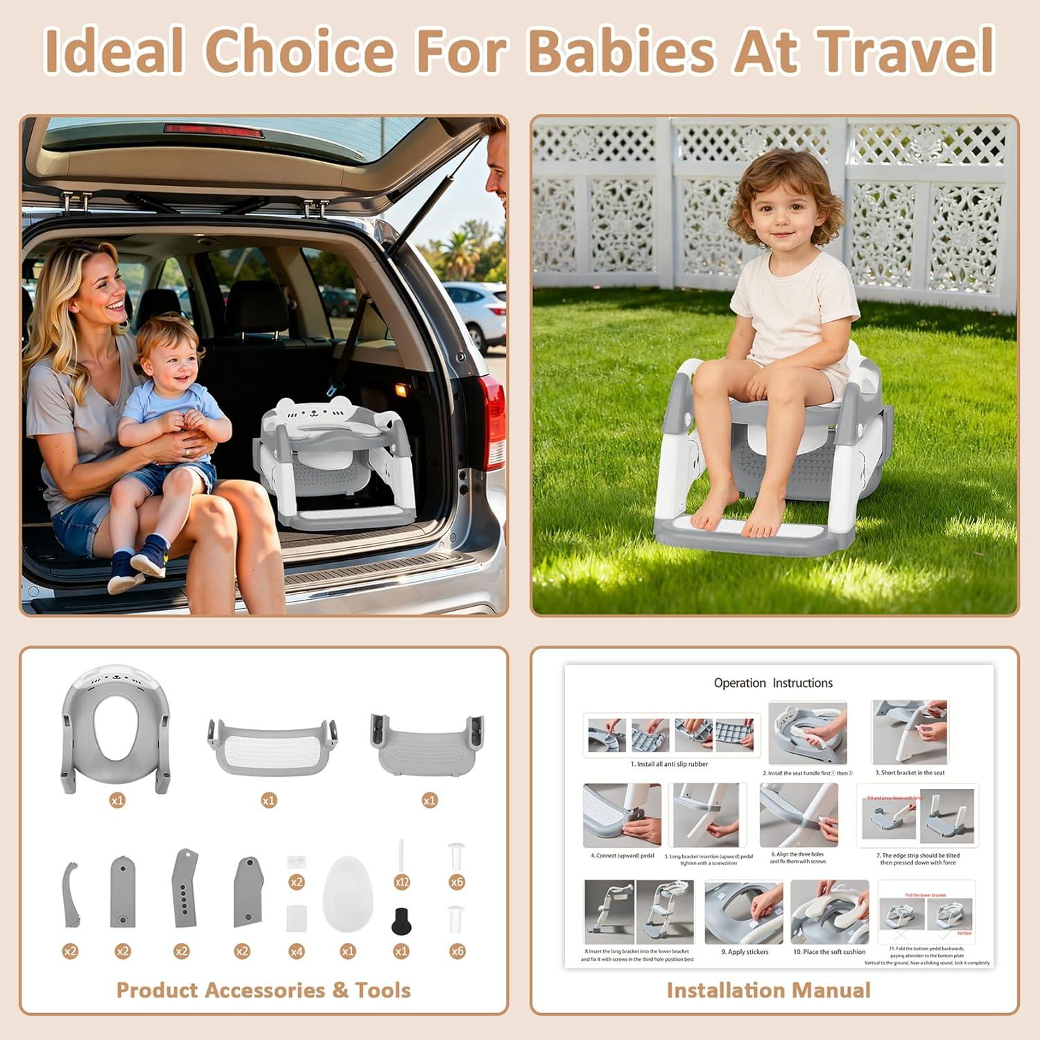 Asiento de Entrenamiento para Baño CandyHome Gris 3-en-1 Ajustable