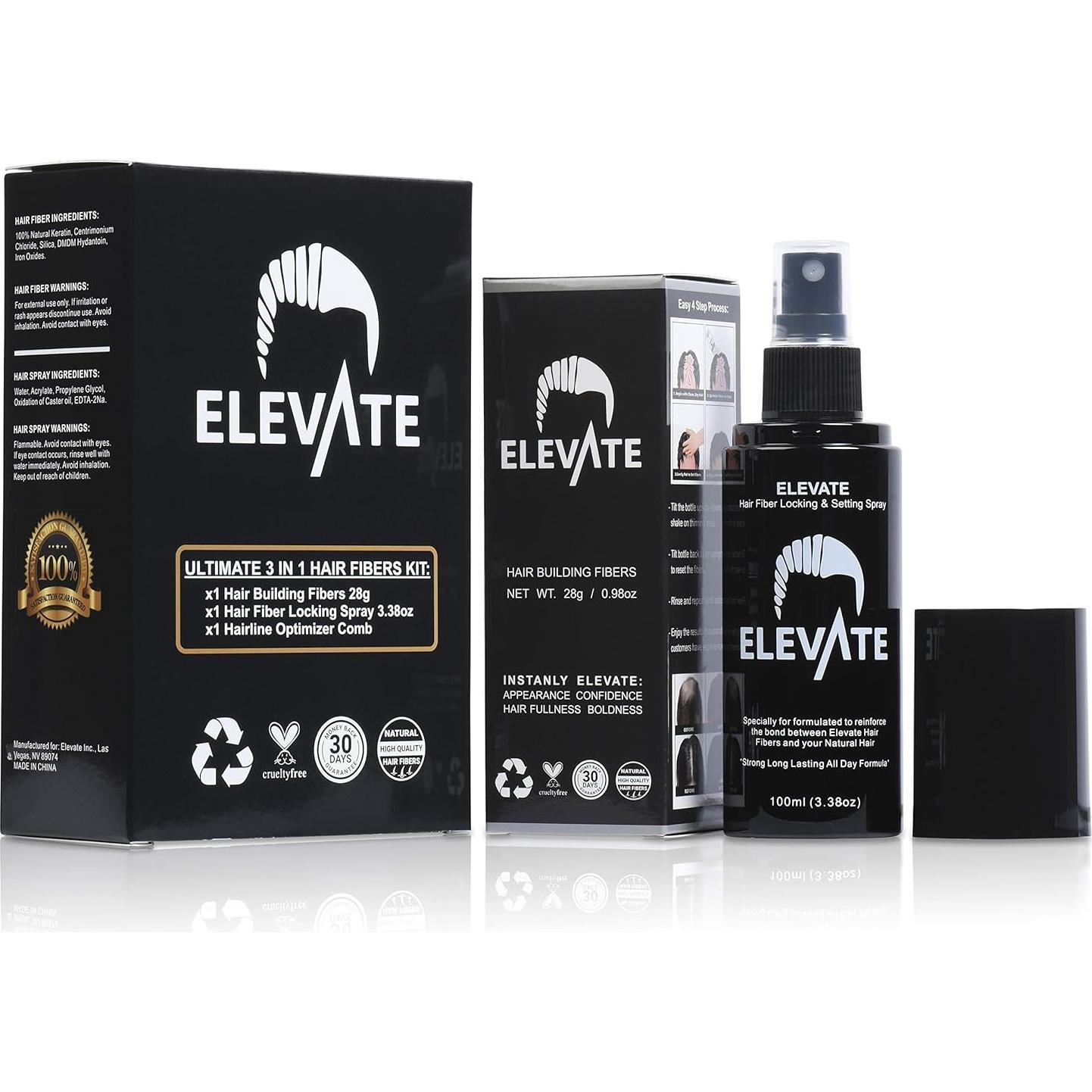 Kit 3 en 1 Elevate para Cabello Fino - Fibras, Spray y Peine