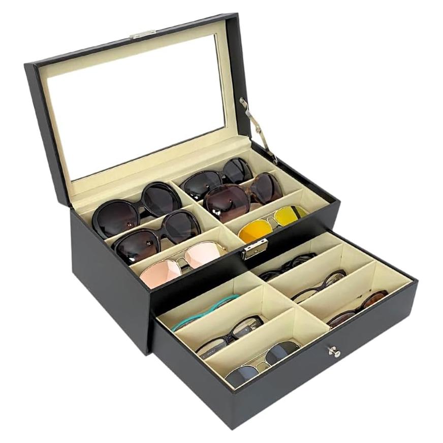 Estuche organizador de gafas Evelots - 12 compartimentos - Cuero vegano