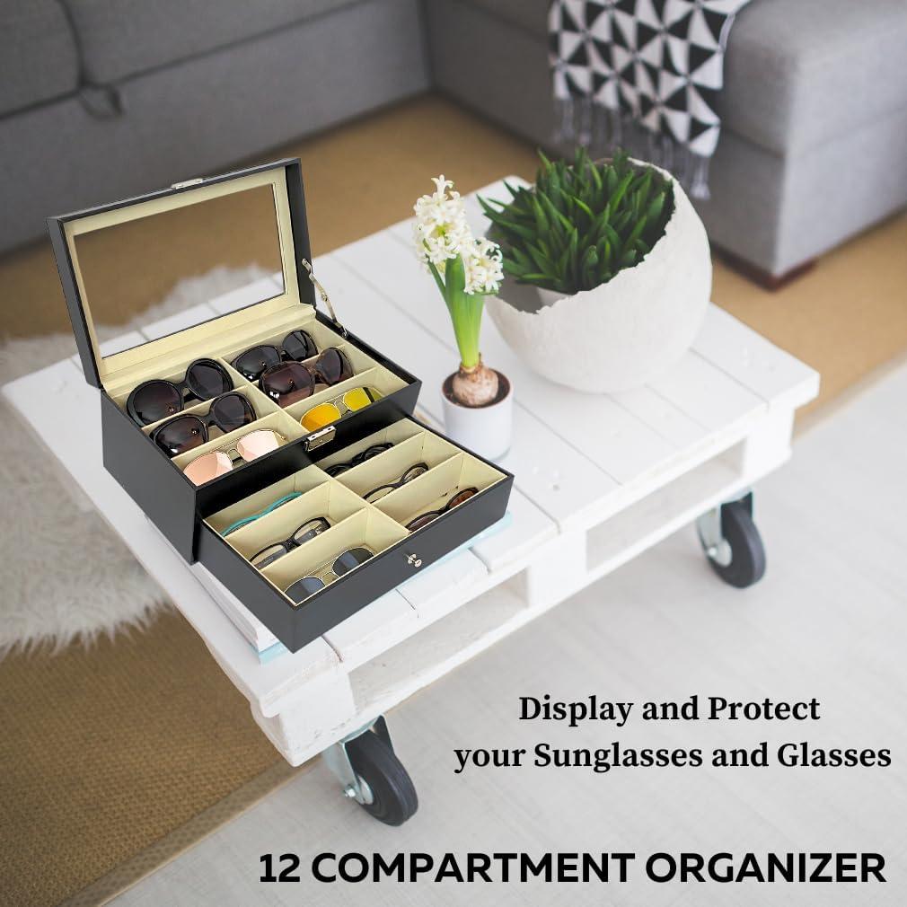 Estuche organizador de gafas Evelots - 12 compartimentos - Cuero vegano